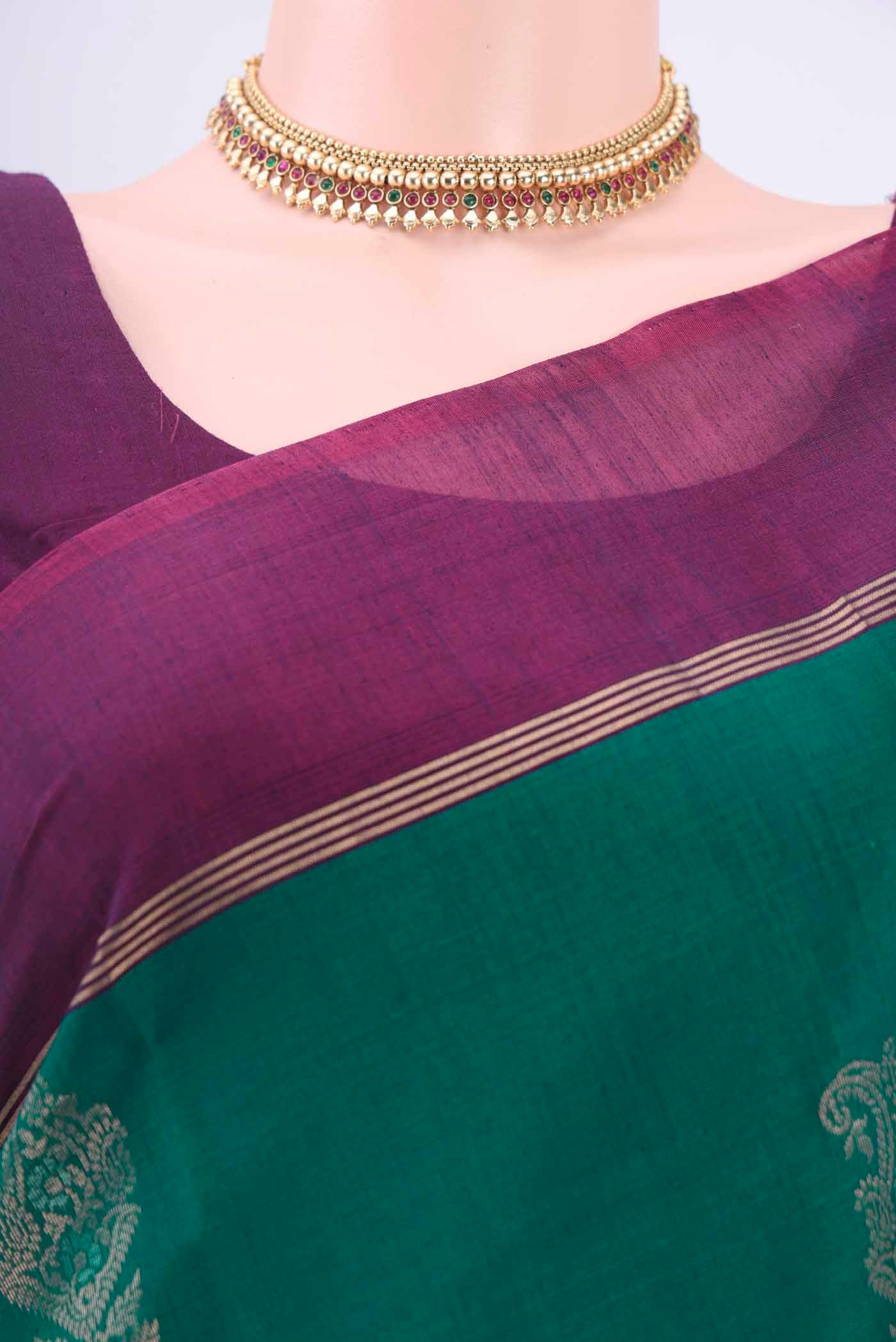 Bottle Green Kora Cotton Saree - Image 2