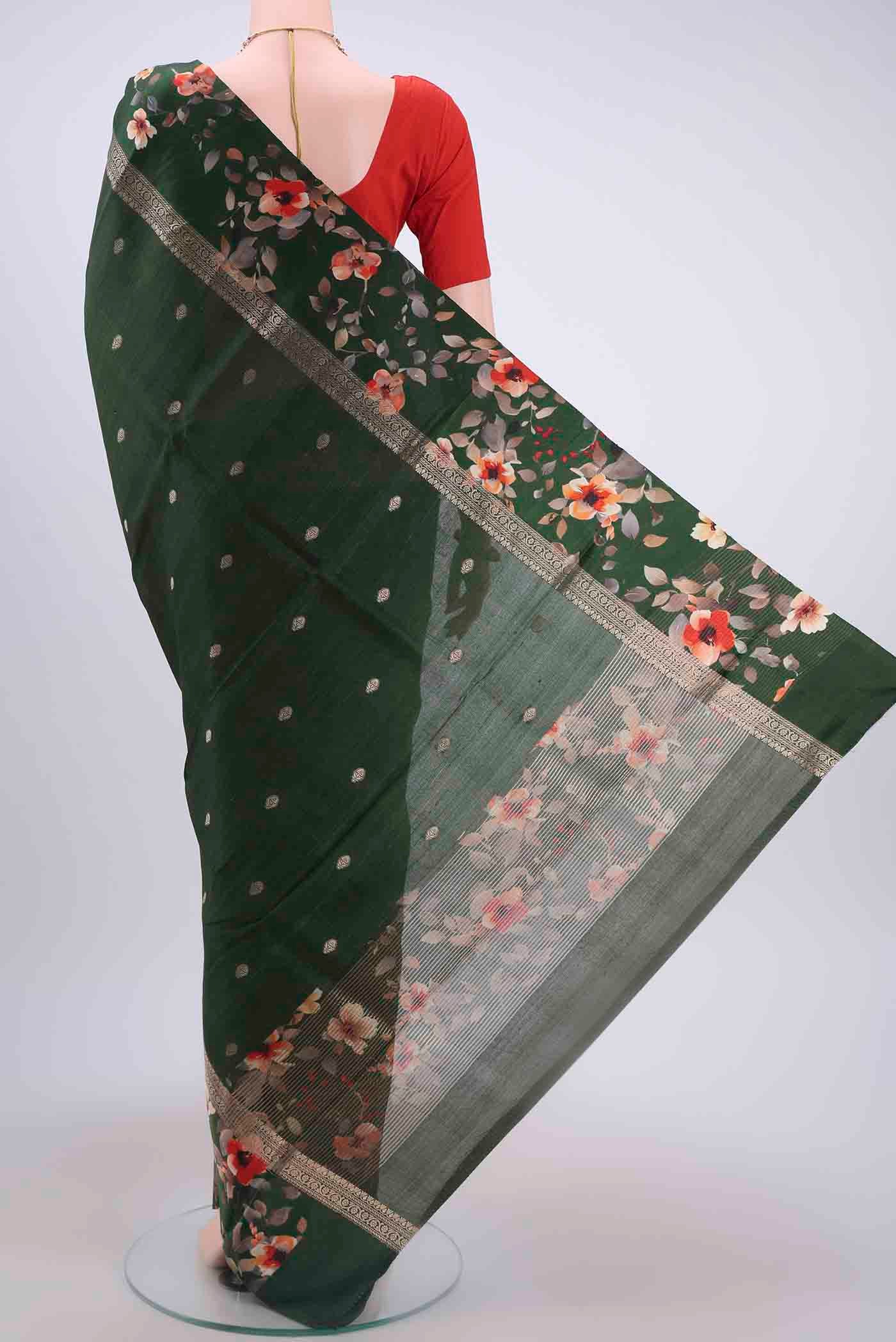 Bottle Green Tussar Silk Saree - Image 3