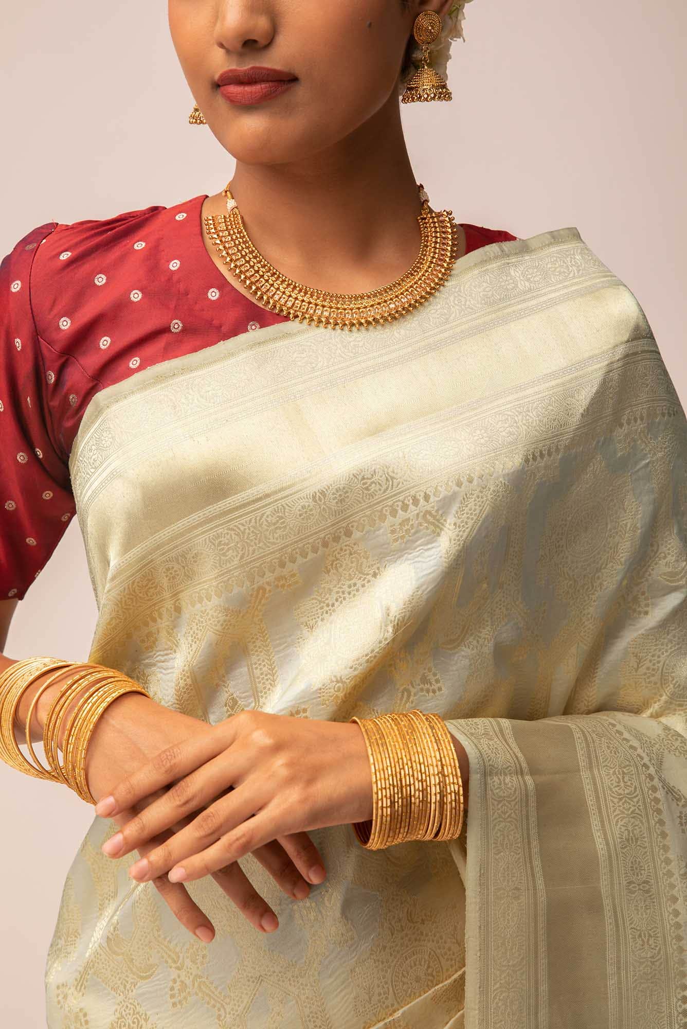 Priyasambad-Cream Banarasi Silk Saree - Image 3