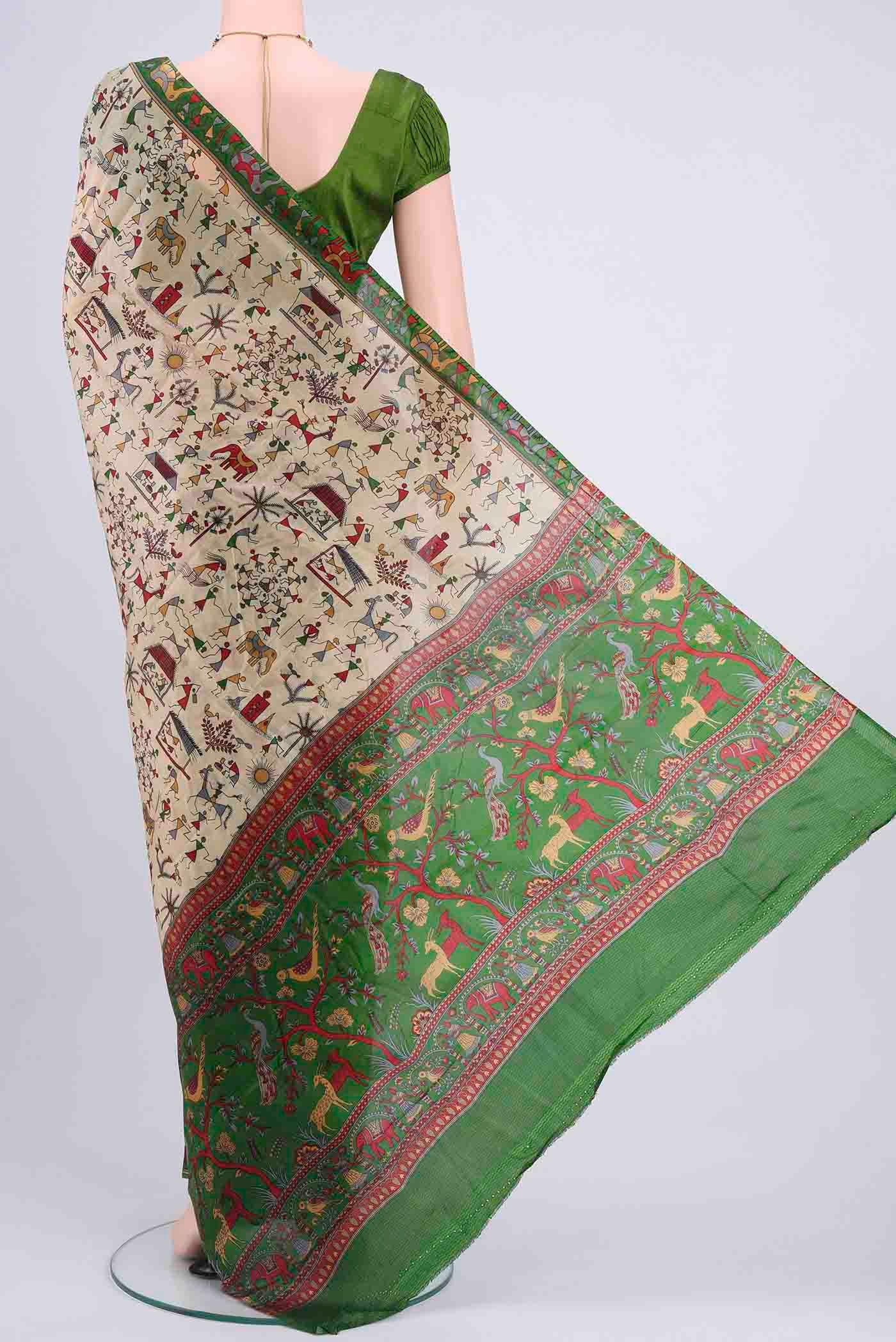 Cream Dual Tone Printed Silk Saree - Image 3