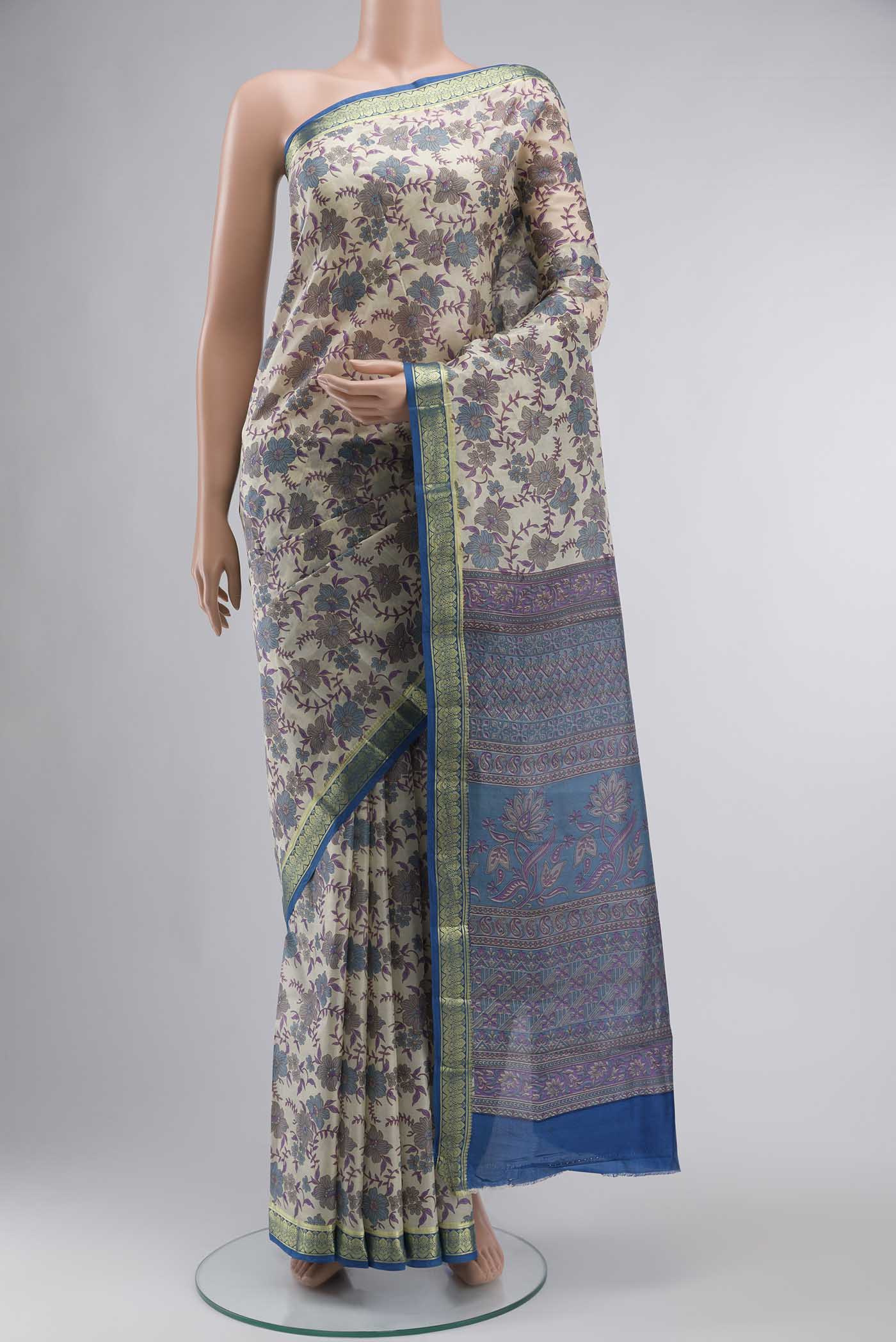 Cream Printed Silk Saree