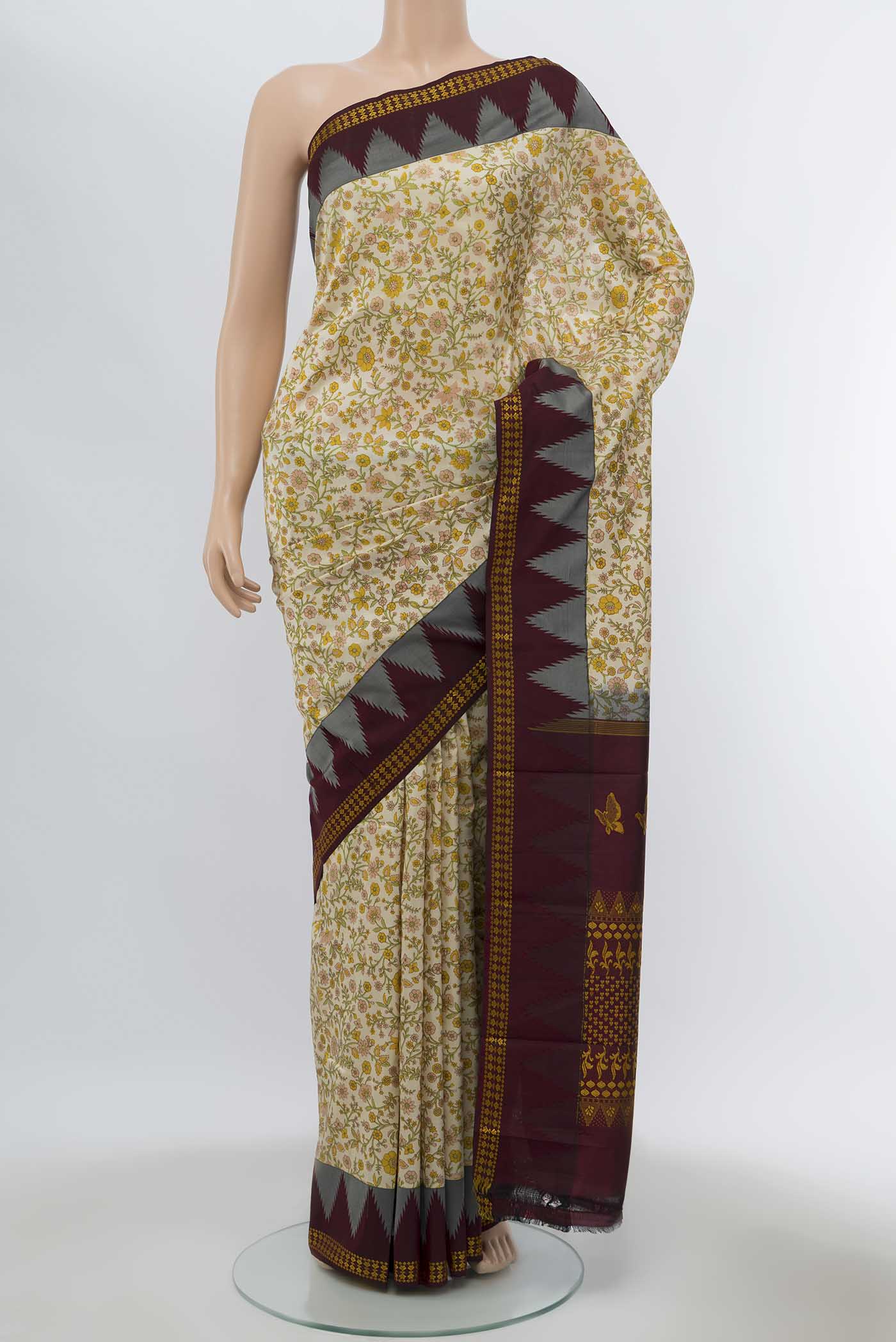 Cream Printed Silk Saree