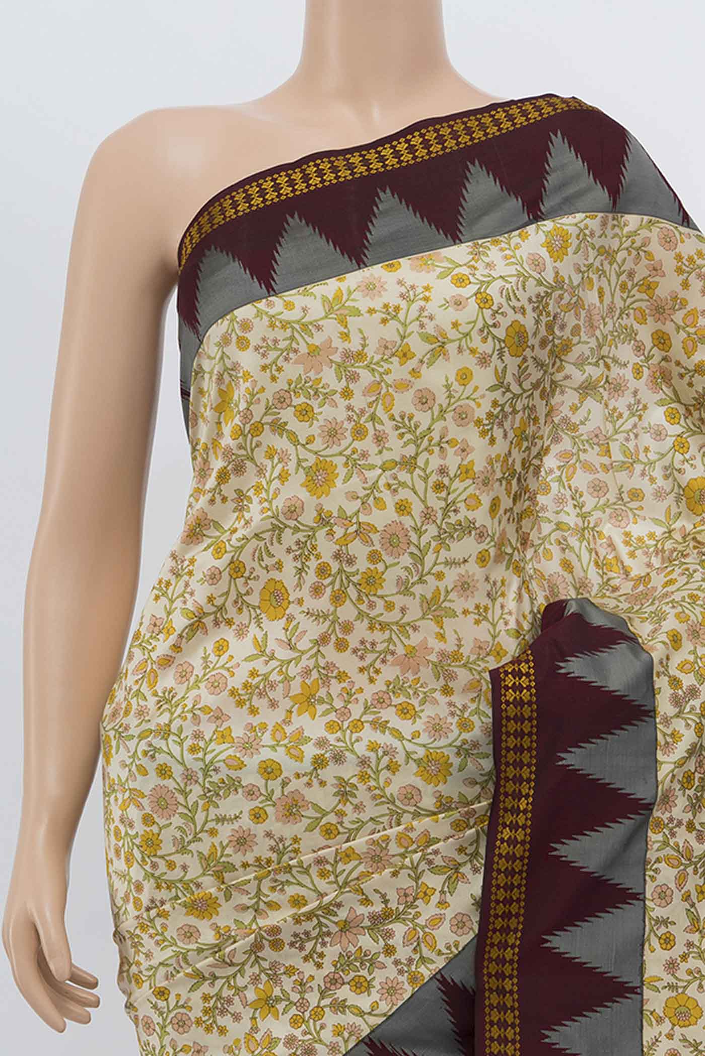 Cream Printed Silk Saree - Image 2