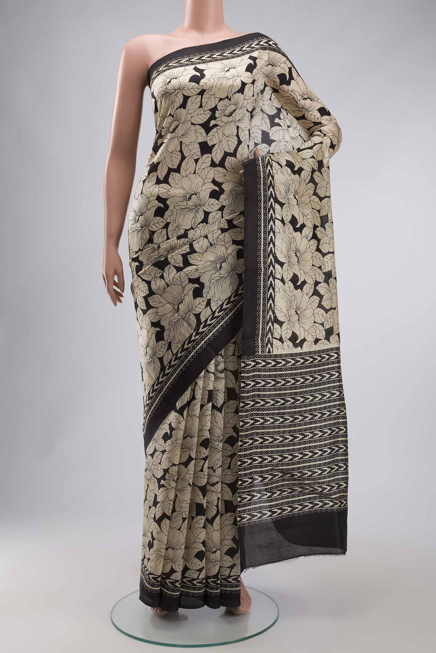 Cream Printed Silk Saree