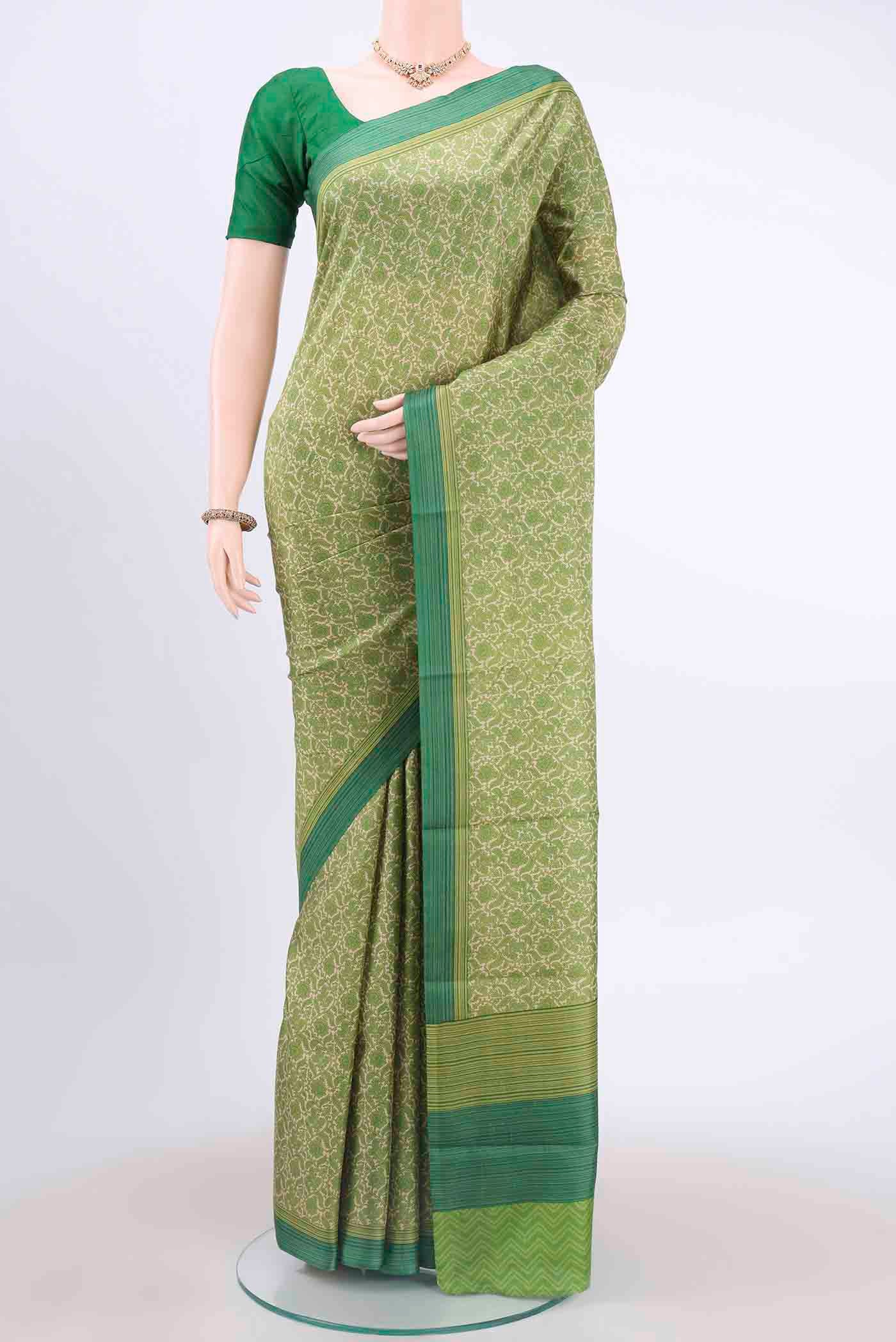 Cream Printed Silk Saree