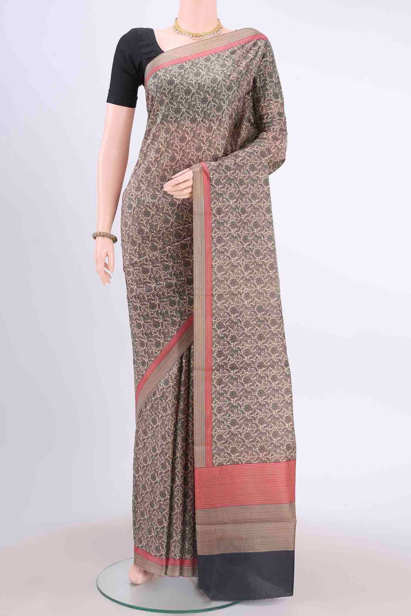 Cream Printed Silk Saree