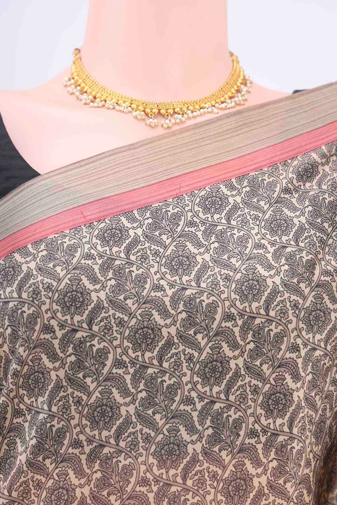 Cream Printed Silk Saree - Image 2