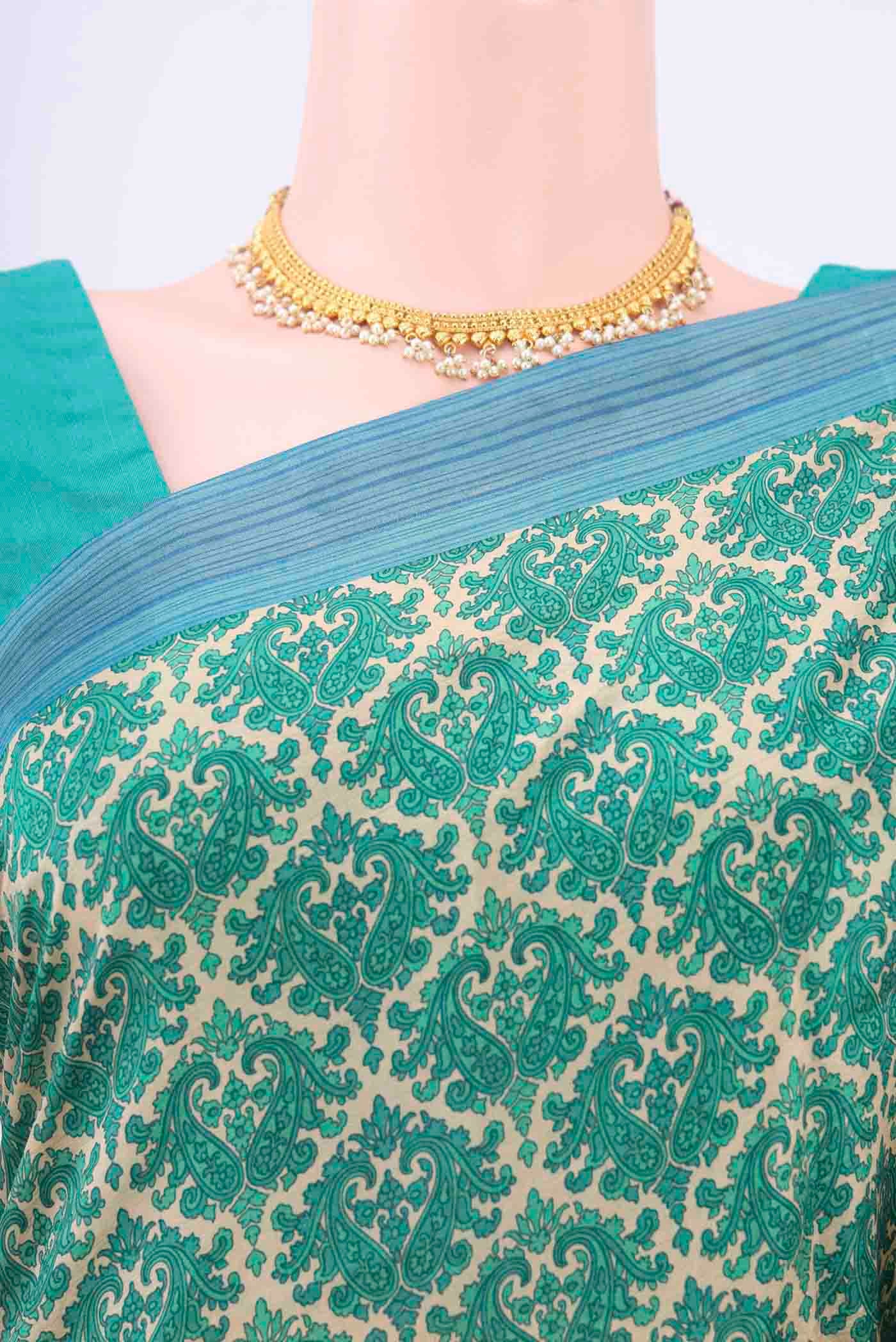 Cream Printed Silk Saree - Image 2