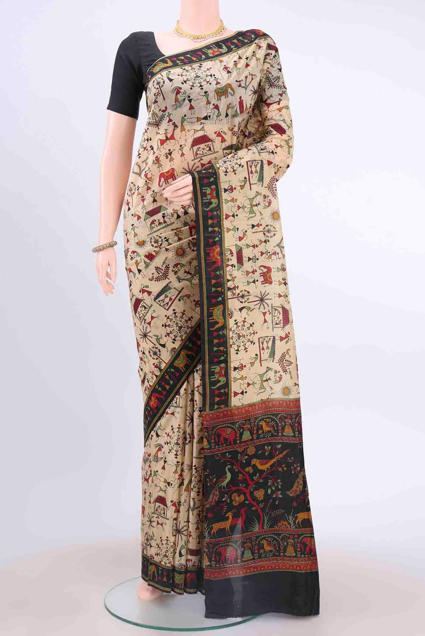 Cream Printed Silk Saree