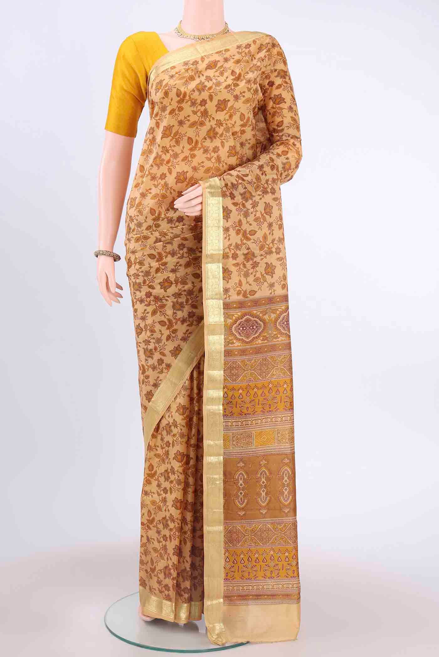 Cream Printed Silk Saree