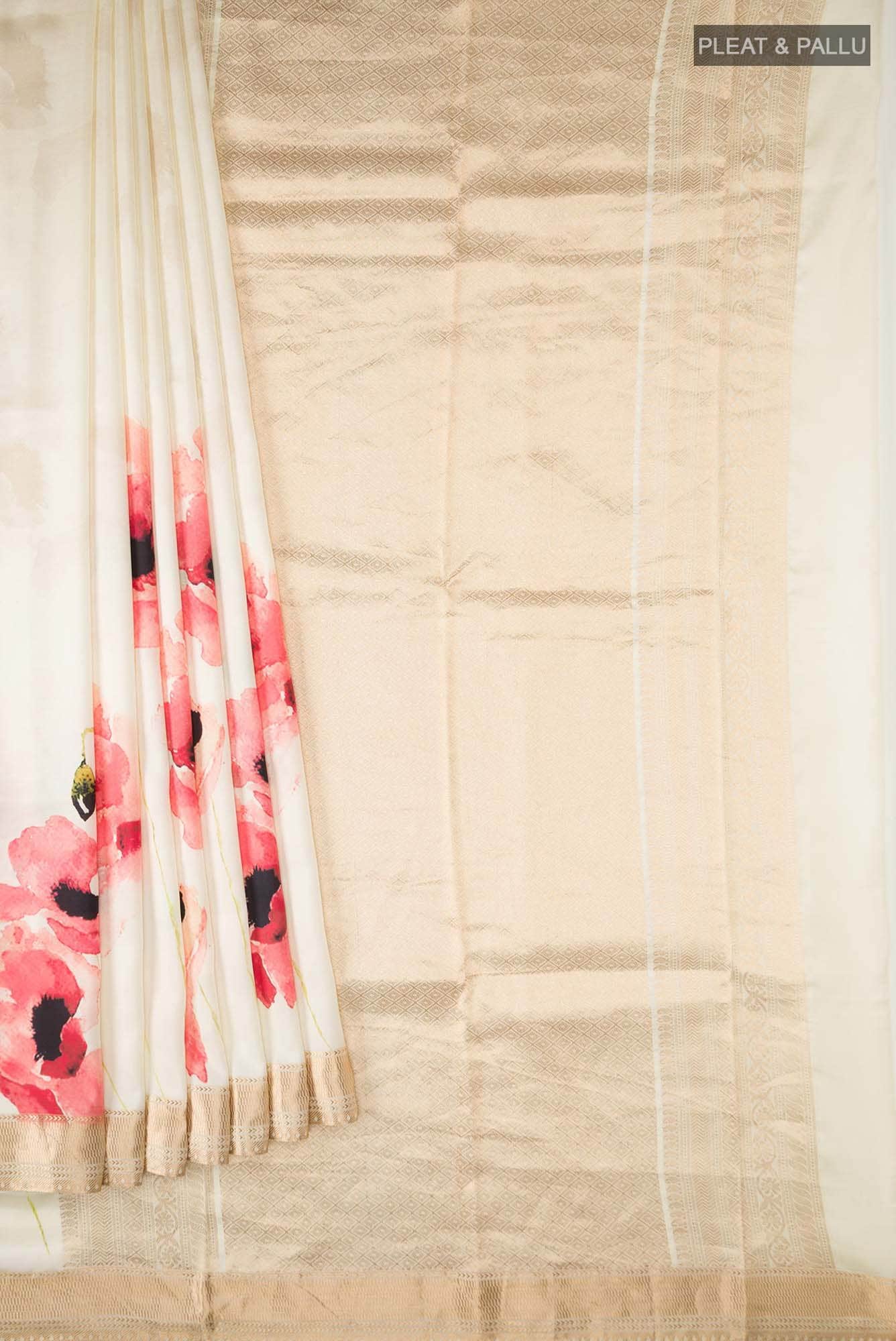 Cream Printed Silk Saree - Image 2