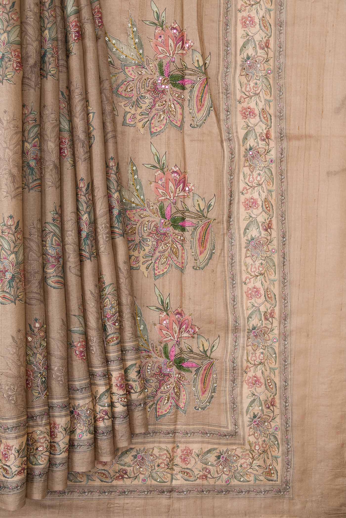 Dark Beige Dual Tone Tussar Silk Saree - Image 4