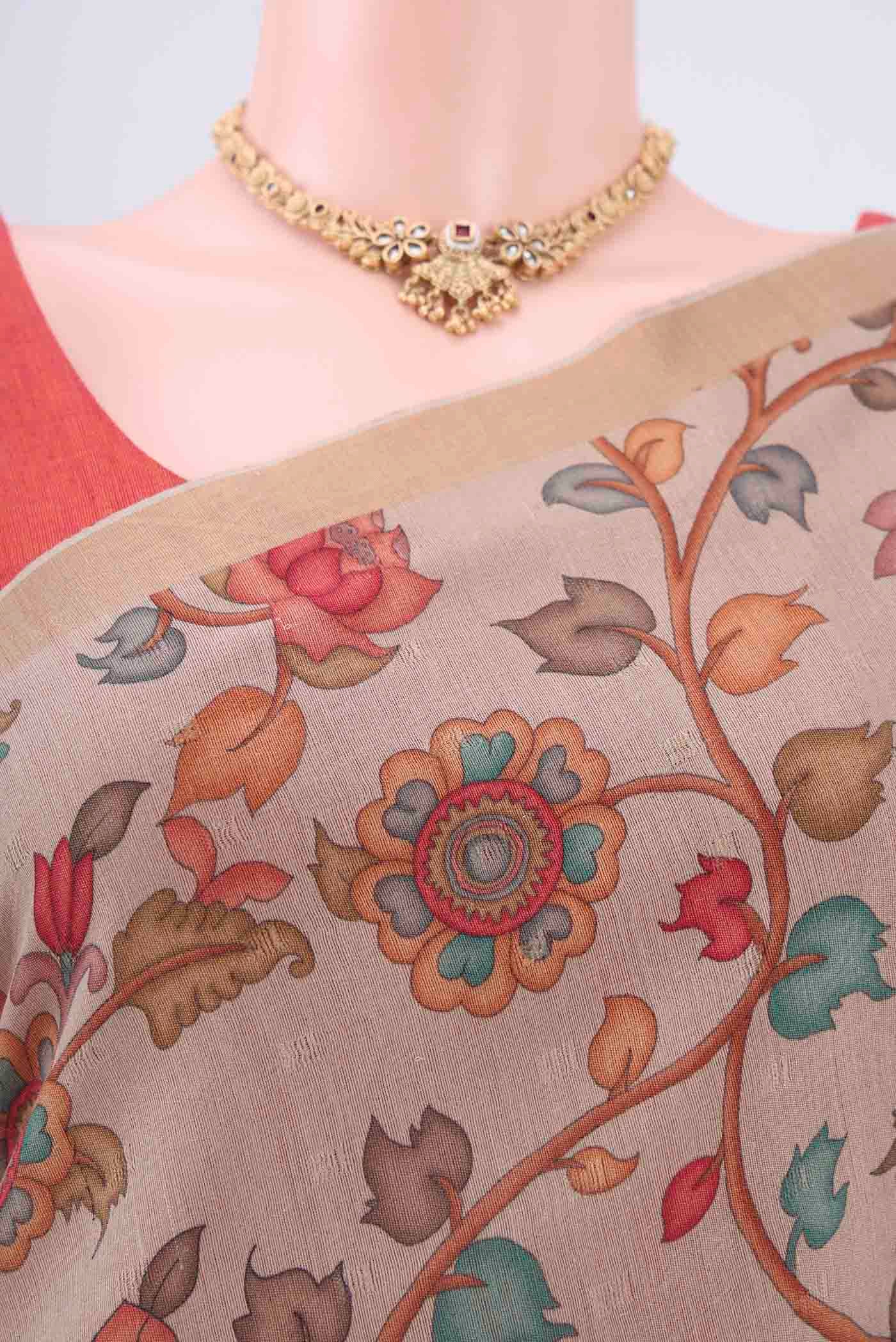 Dark Beige Tussar Silk Saree - Image 2