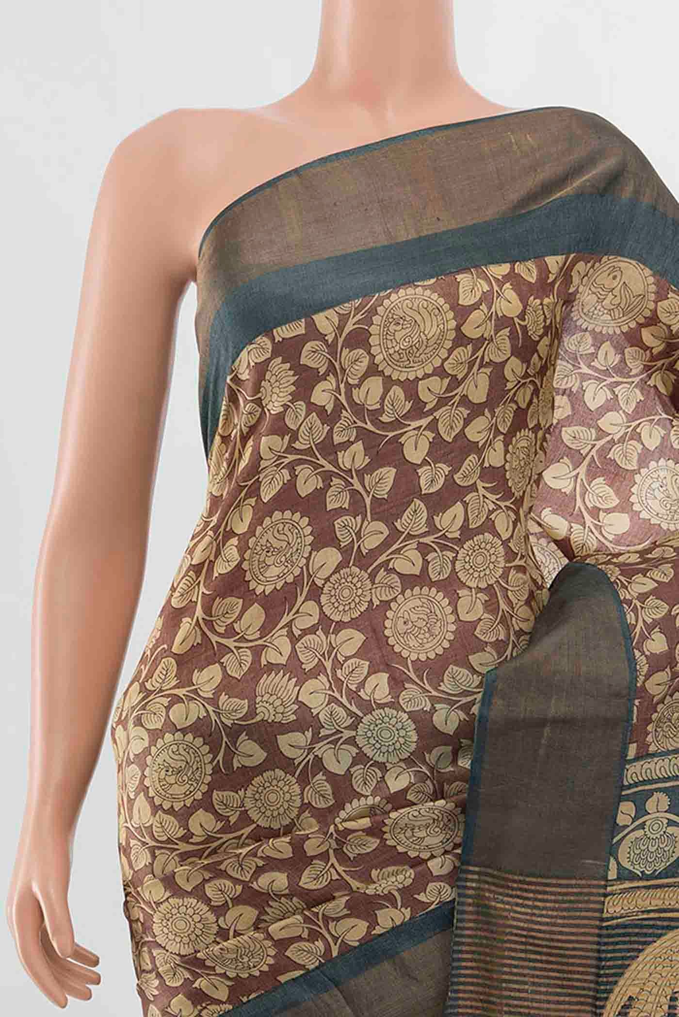 Dark Beige Tussar Silk Saree - Image 2