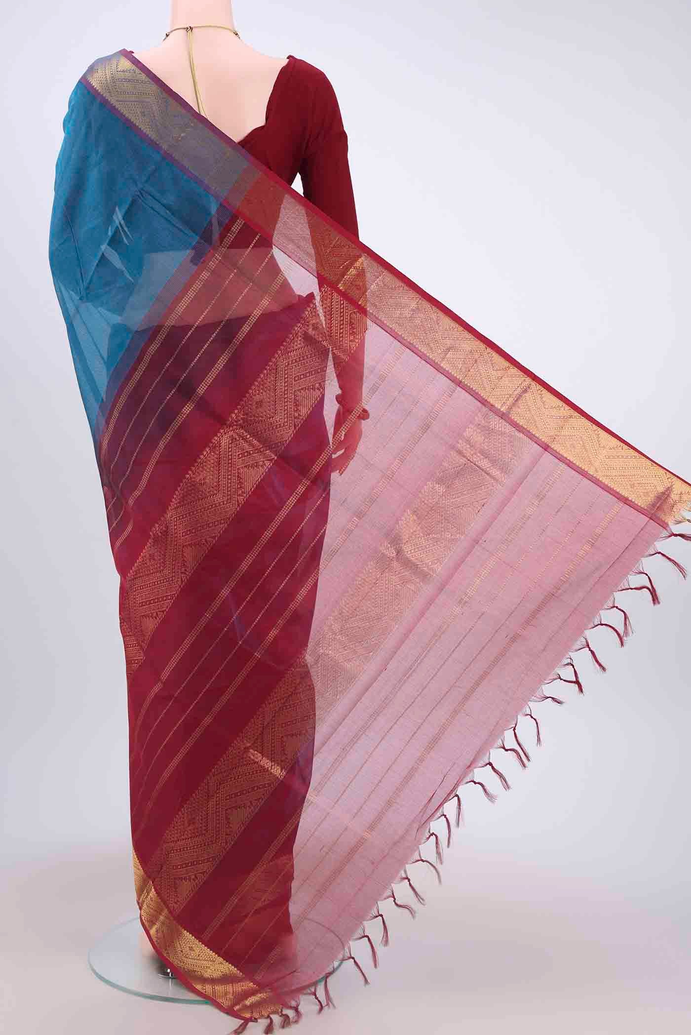 Blue Silk Cotton Saree - Image 3