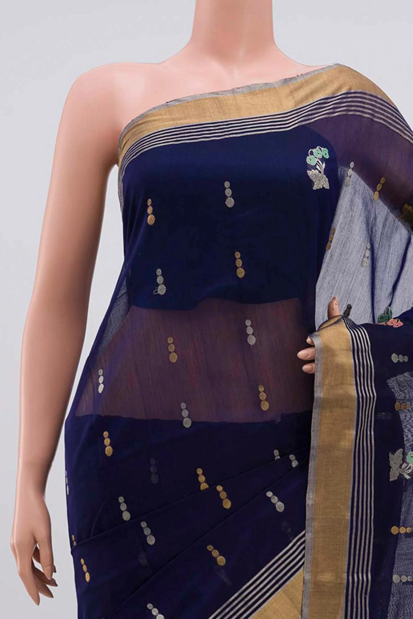 Navy Blue Chanderi Silk Cotton Saree - Image 2