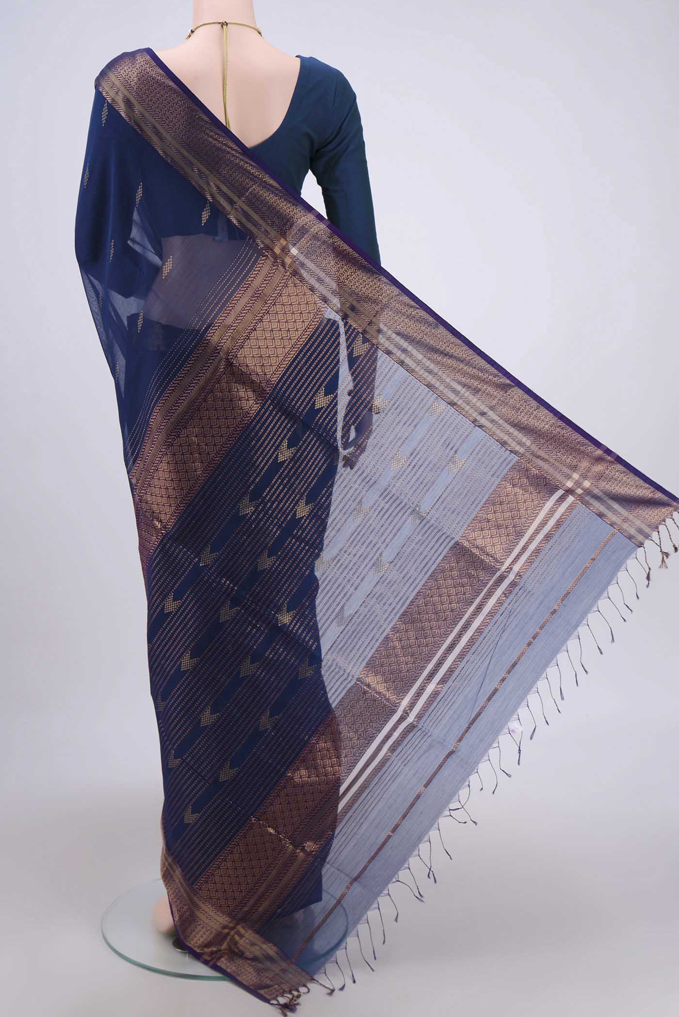 Dark Blue Maheshwari Silk Cotton Saree - Image 3