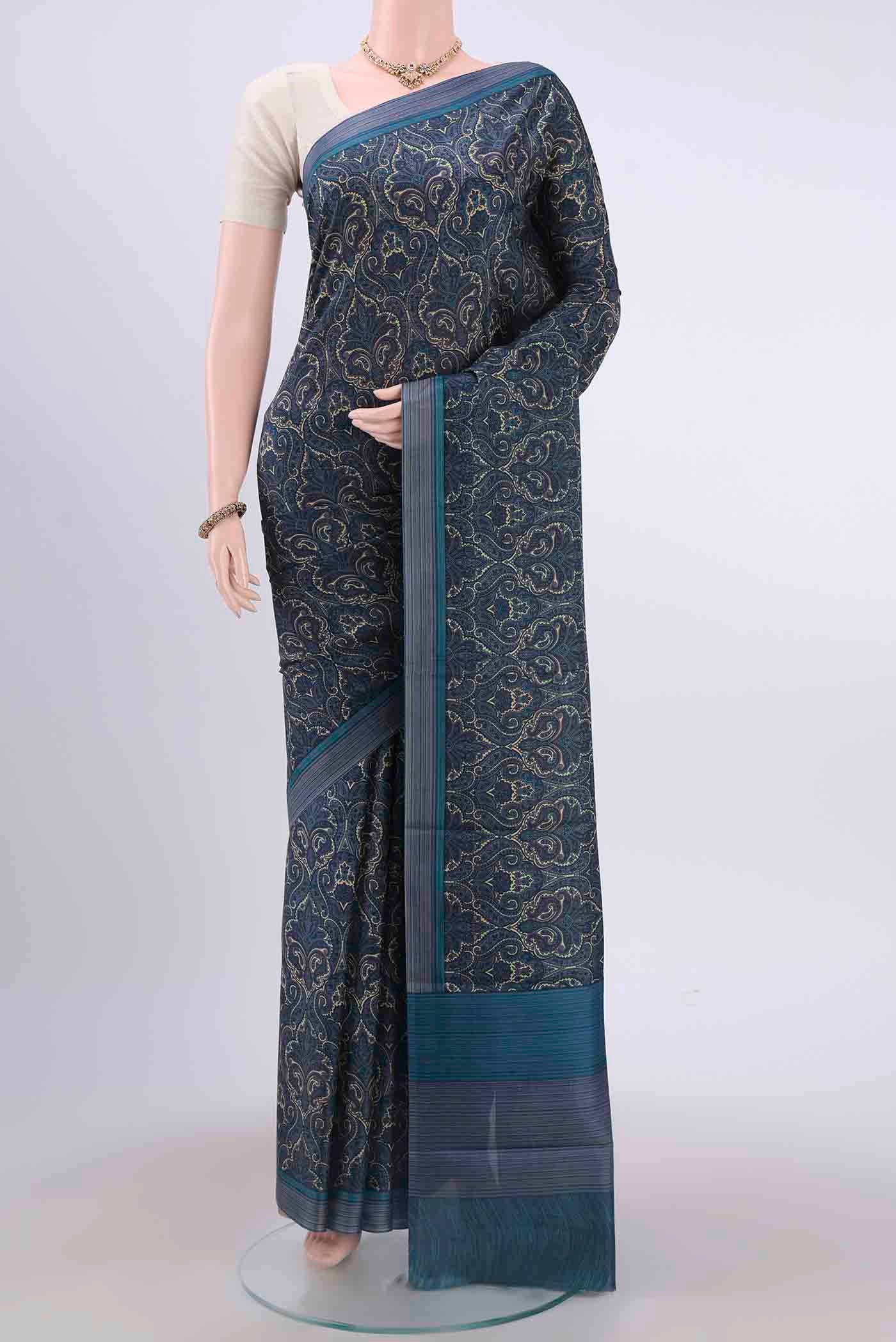 Dark Blue Printed Silk Saree