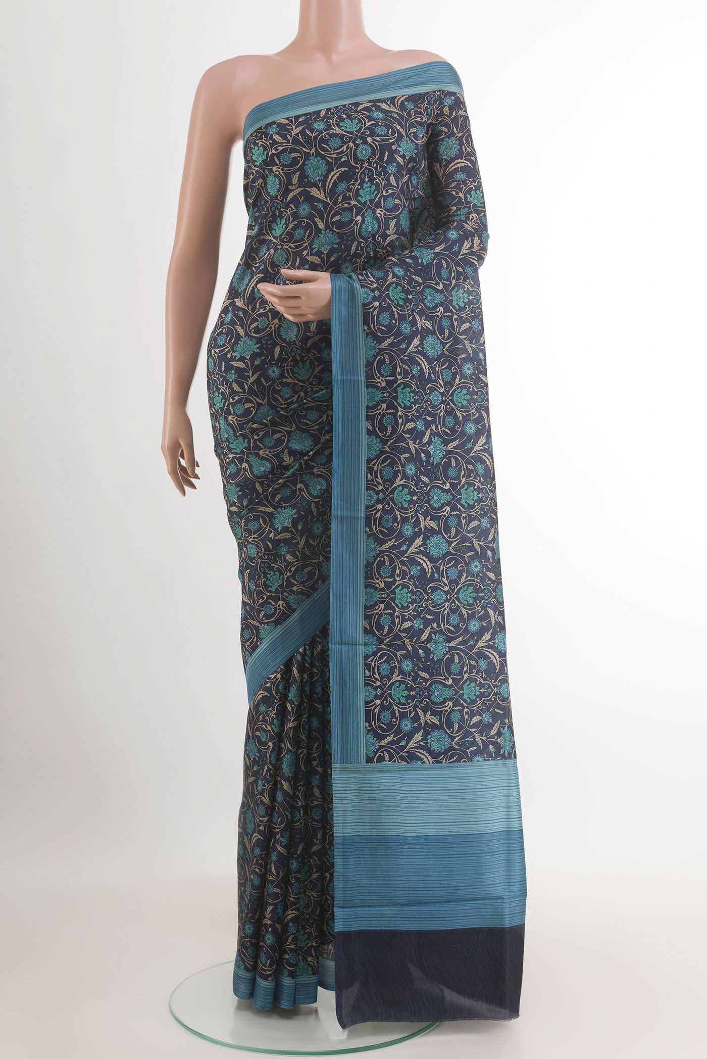 Navy Blue Printed Silk Saree