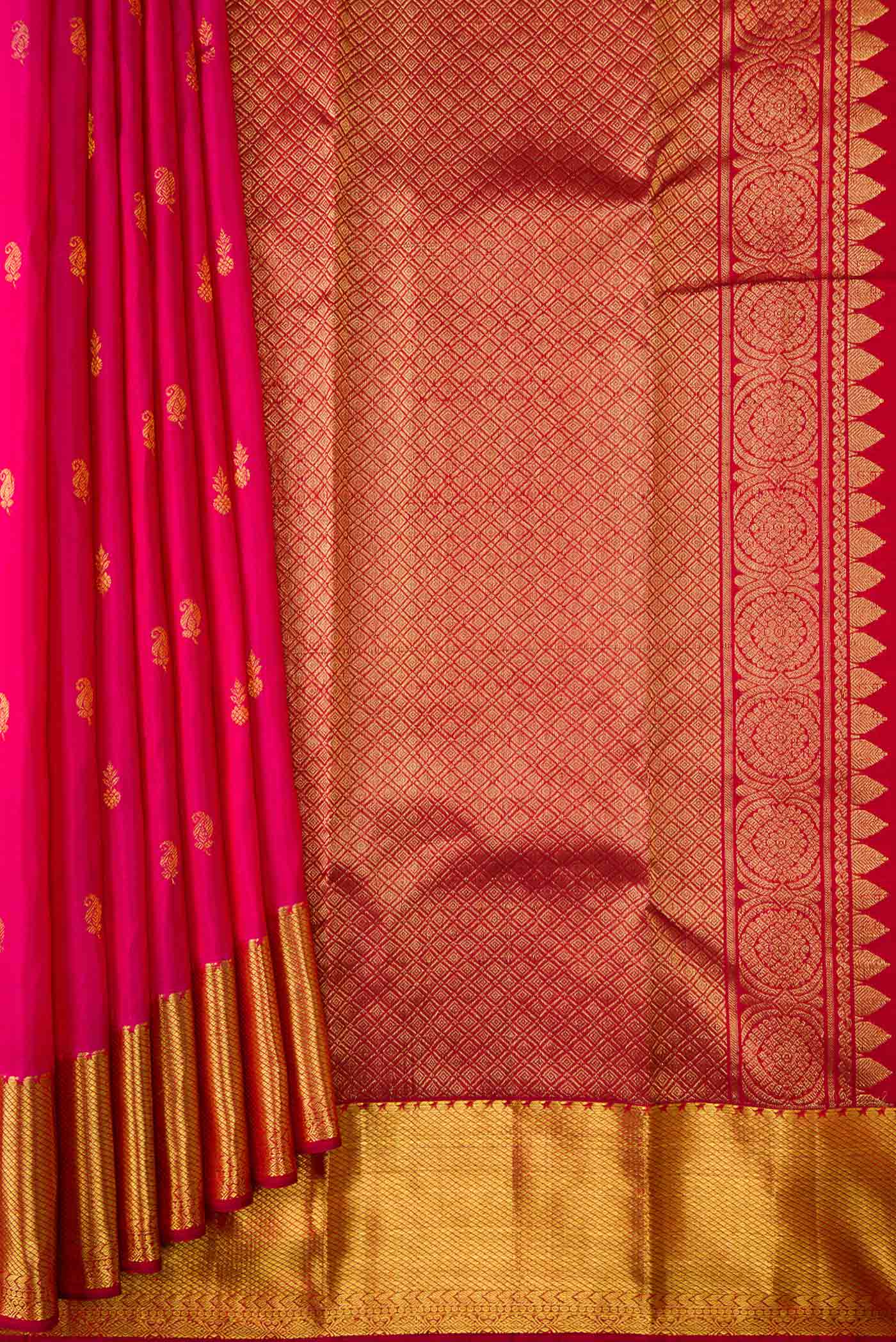 Dark Pink Dual Tone Kanjivaram Silk Saree - Image 4