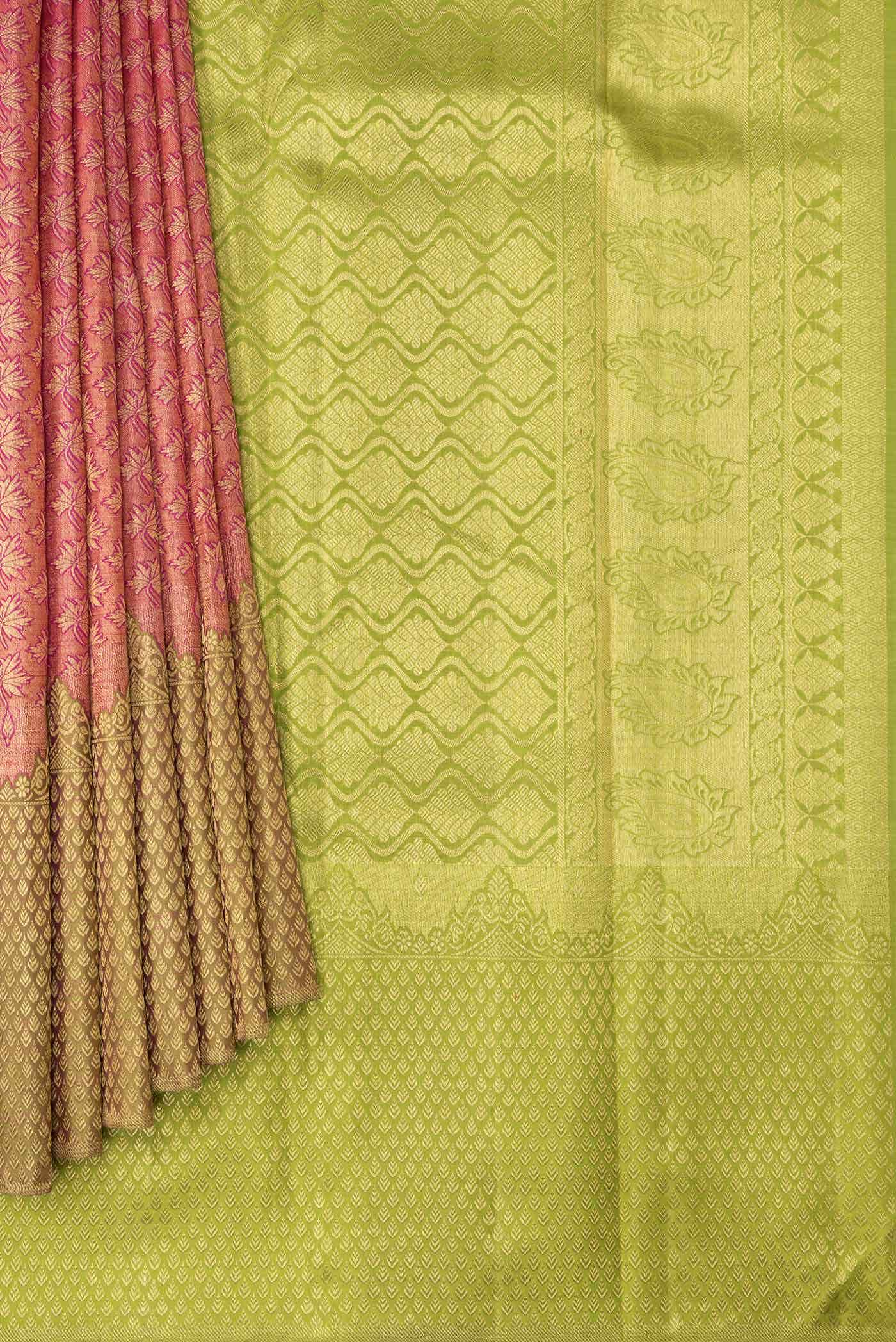 Pure Silk Pure Zari Dark Pink Kanchipuram Tissue Saree - Image 2
