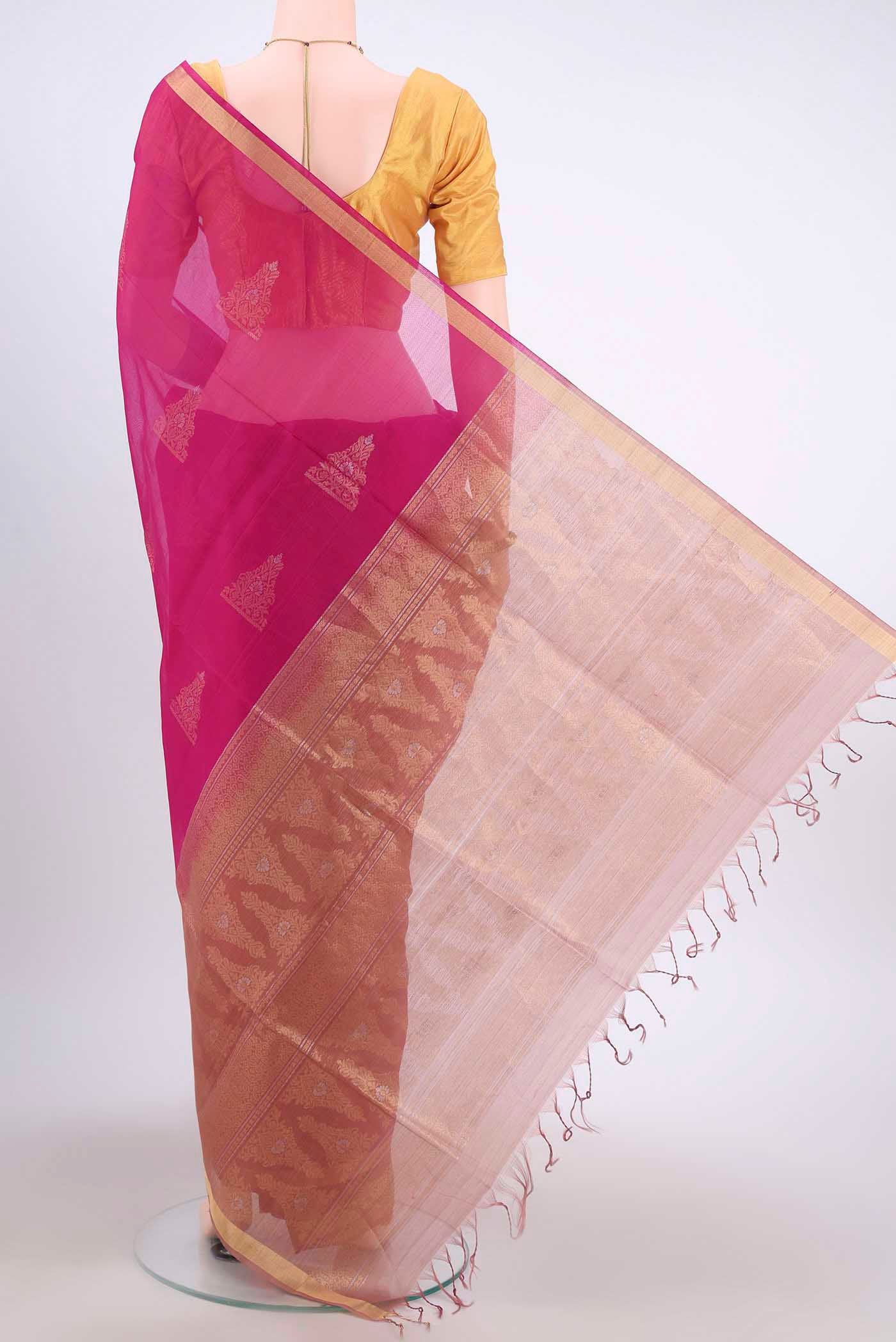Dark Pink Kora Cotton Saree - Image 3