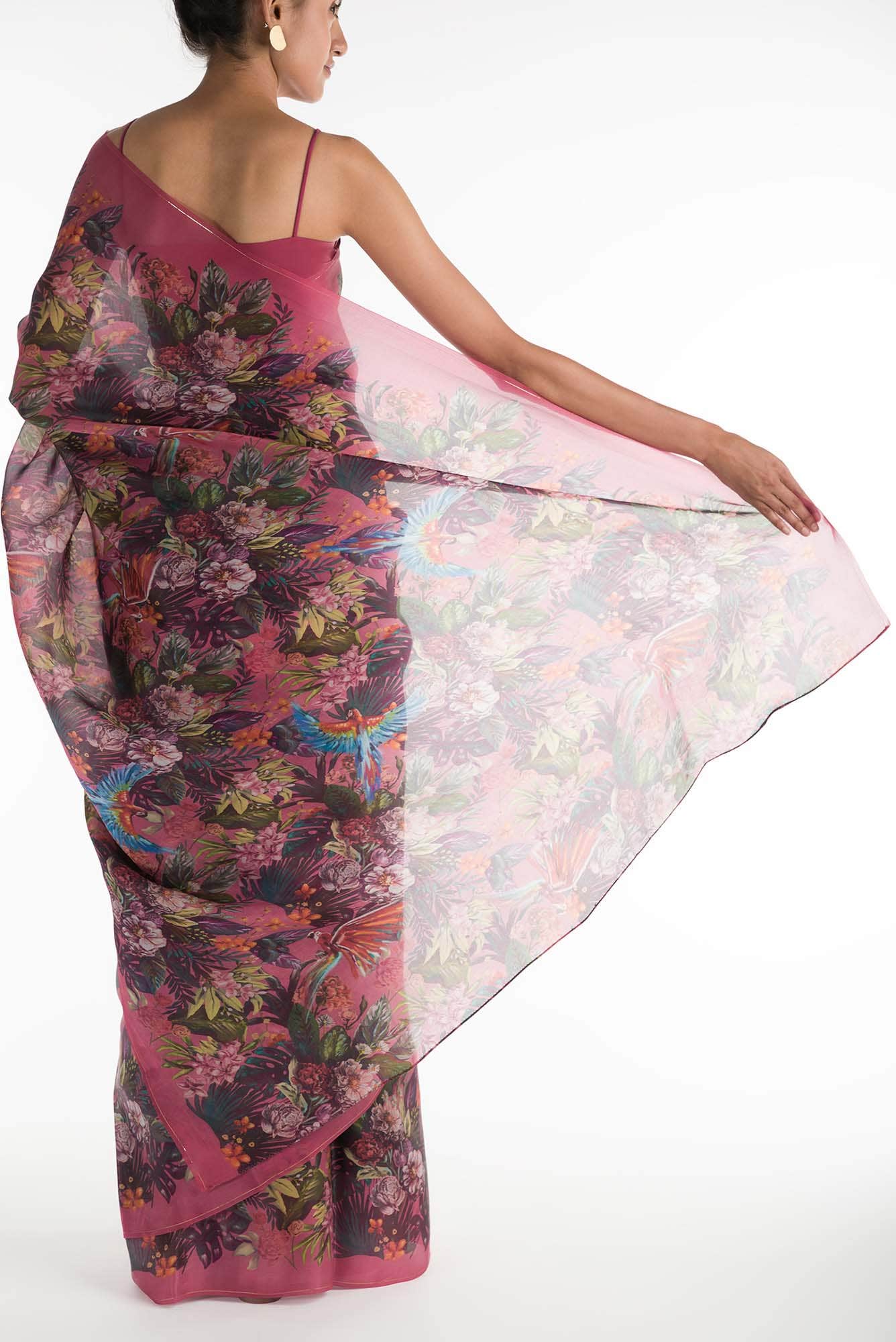 Hyacinth Macaws Dark Pink Satin Organza Saree - Image 3