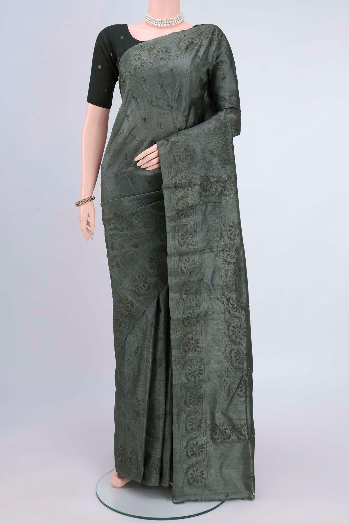 Davys Grey Kantha Silk Saree