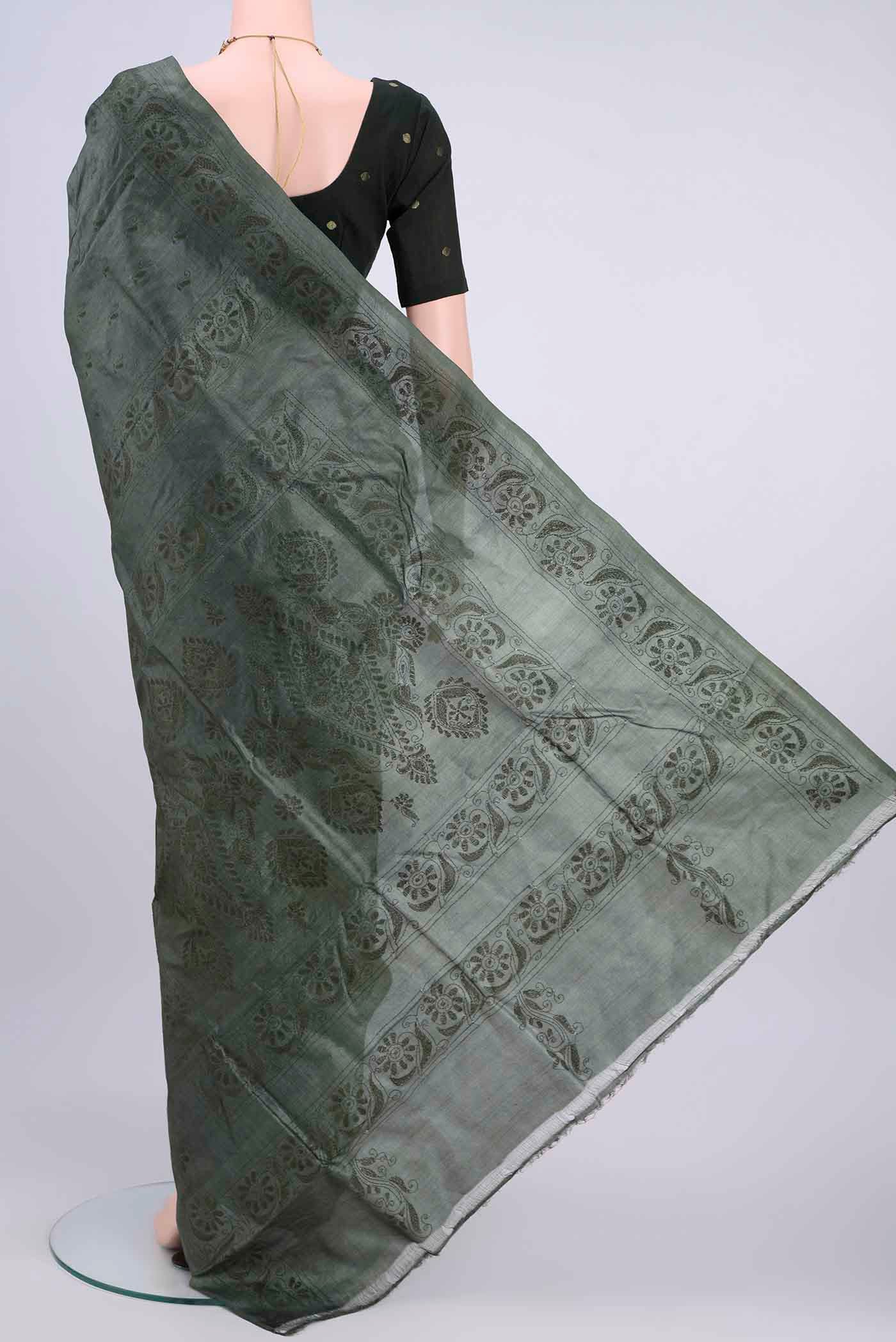 Davys Grey Kantha Silk Saree - Image 3