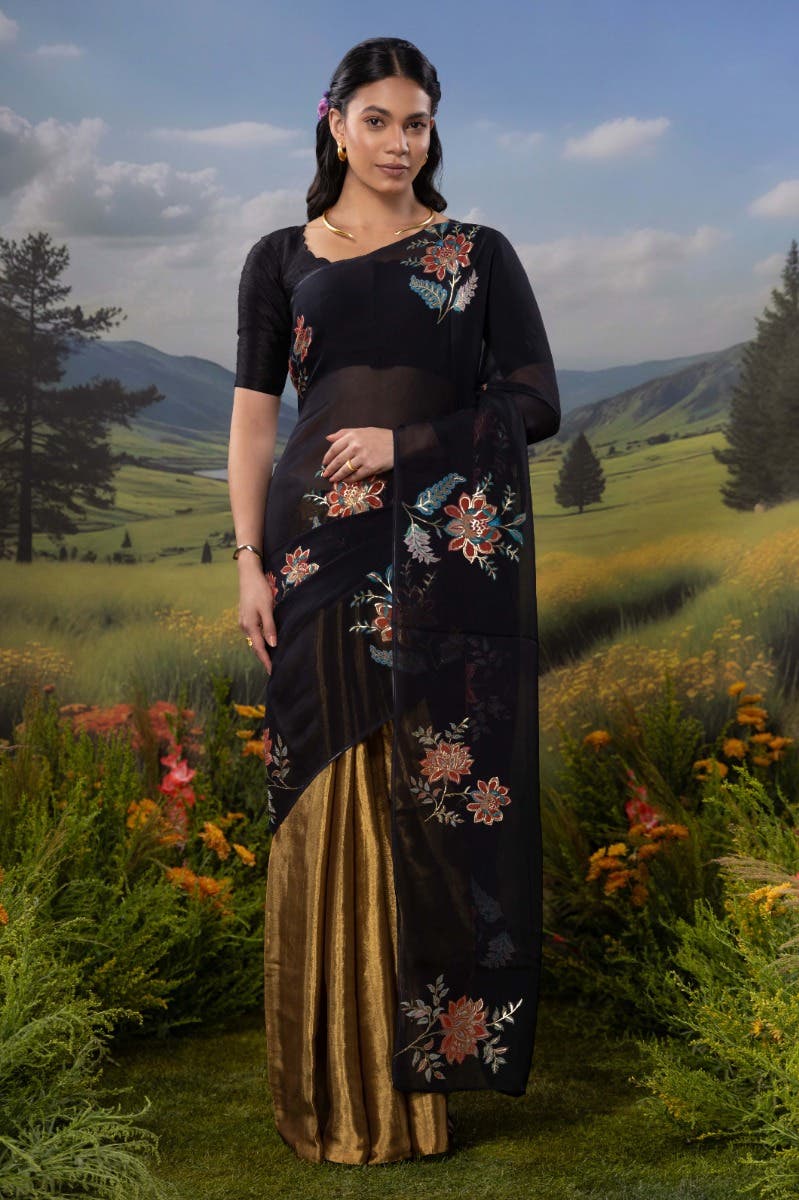 Dawn and Dusk-Gold & Black Organza Silk Saree - Image 2