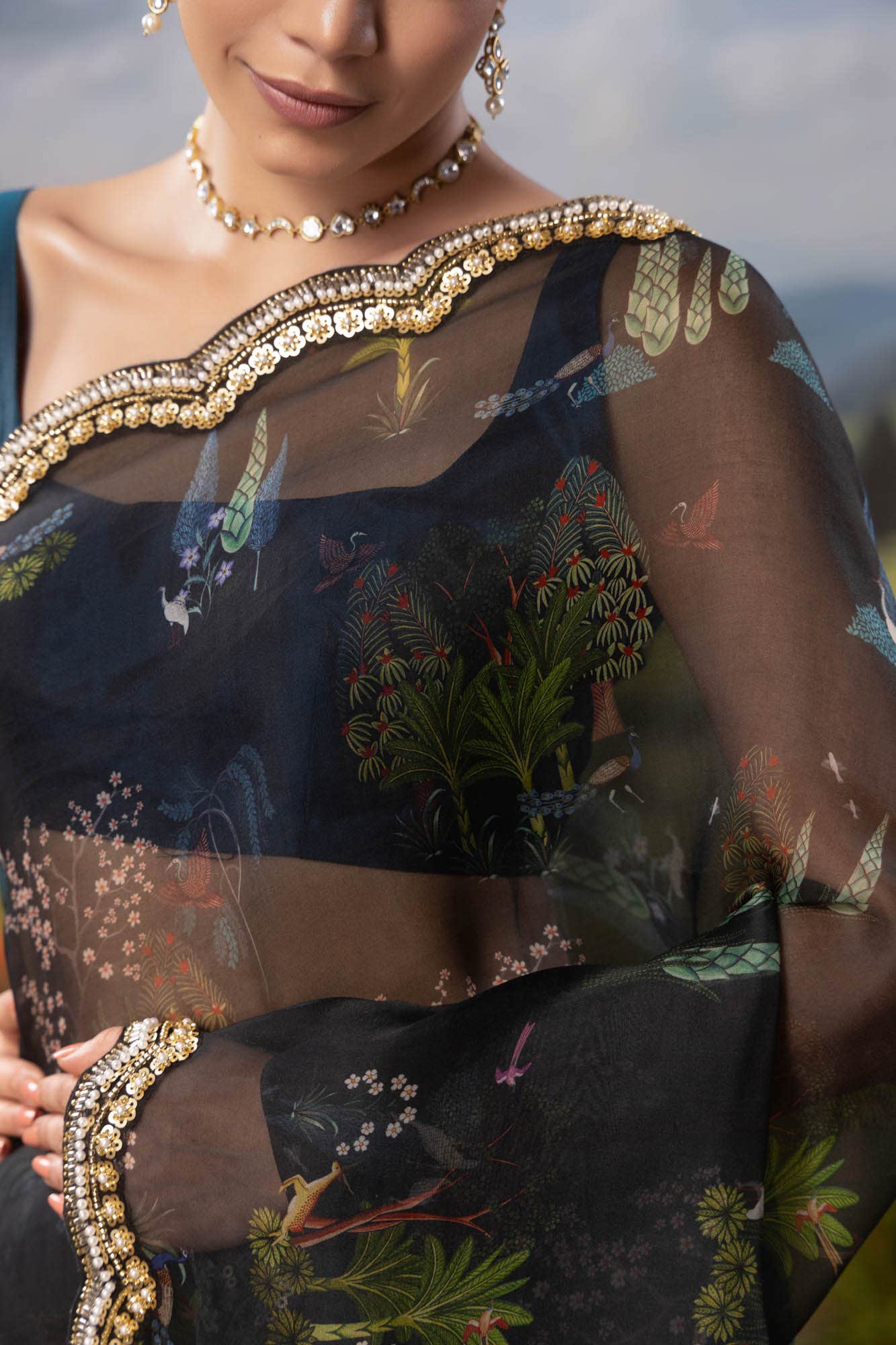 Enchanted Dreams-Dark Blue Pure Organza Silk Saree - Image 4