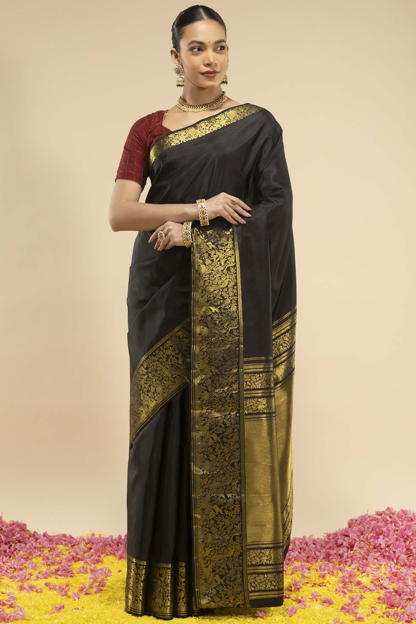 Gajagamini-Black Kanchipuram Silk Saree