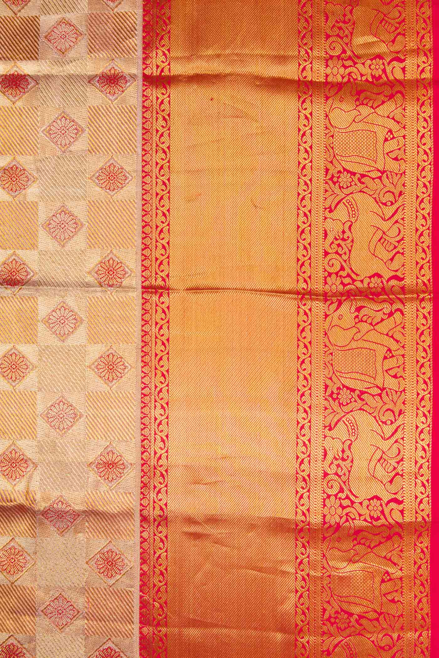 Gold with Coral Color Kanchipuram Tissue Silk Saree - Image 3