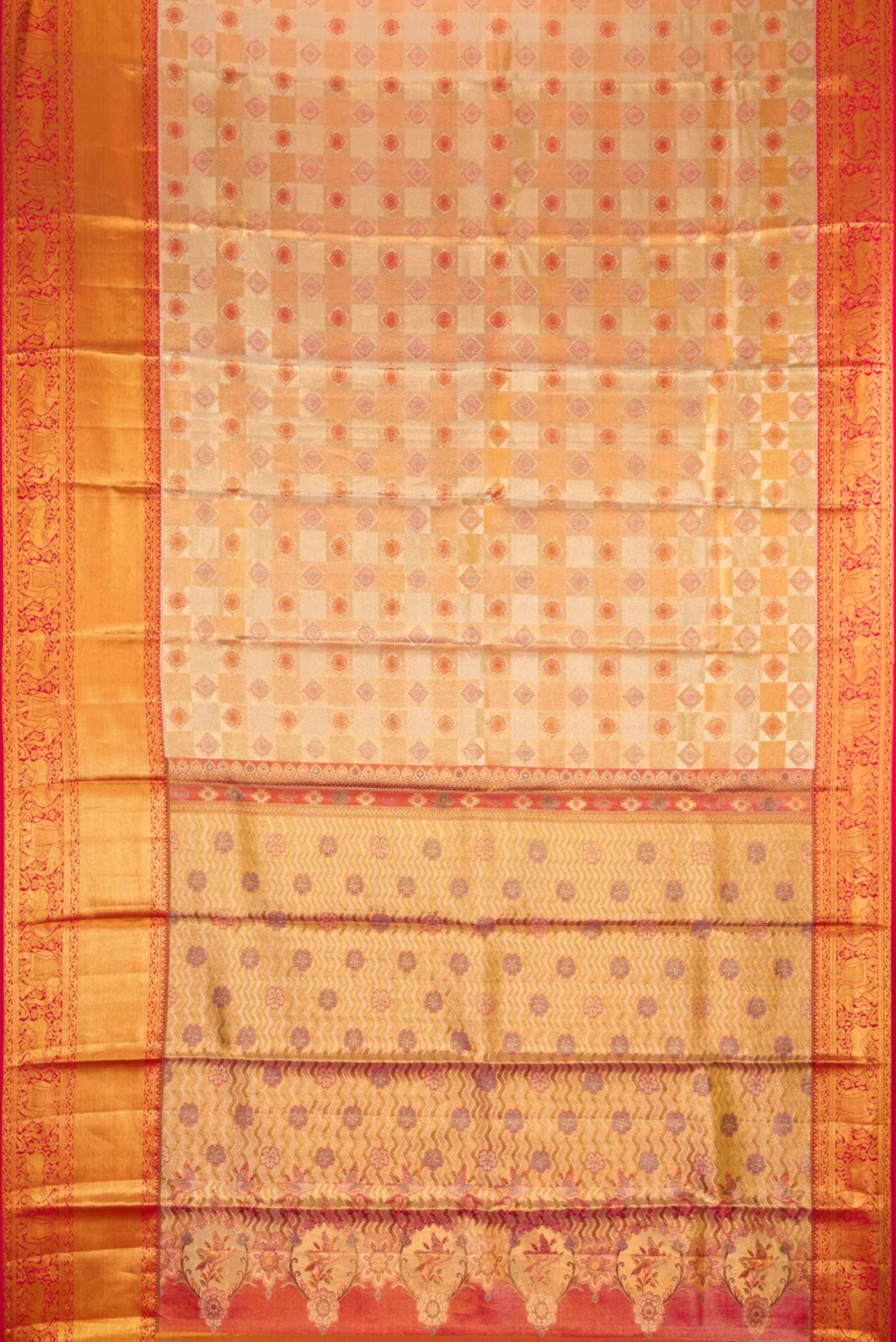 Gold with Coral Color Kanchipuram Tissue Silk Saree - Image 6