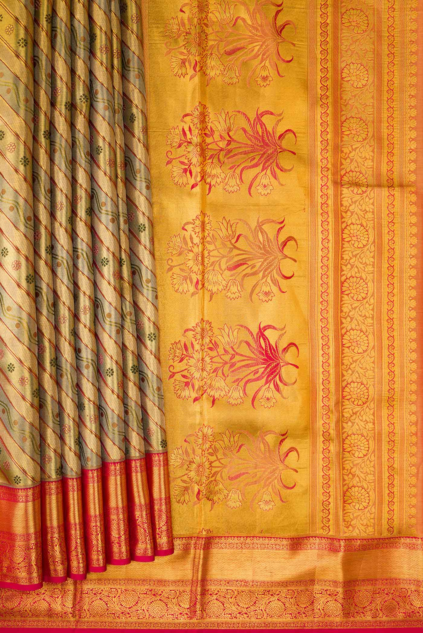 Green with Gold Color Kanchipuram Tissue Silk Saree - Image 4