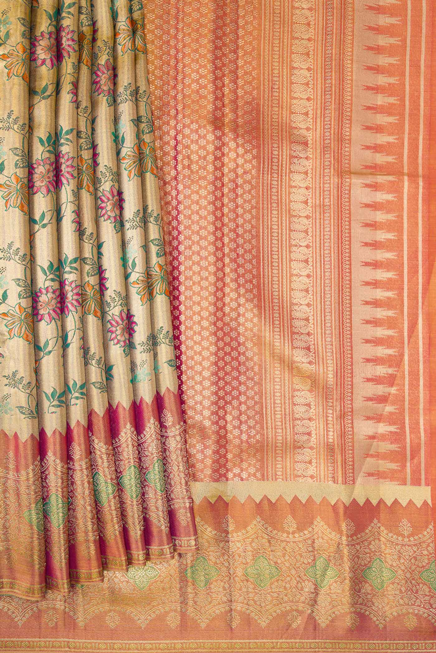 Green with Gold Color Kanjivaram Tissue Silk Saree - Image 4