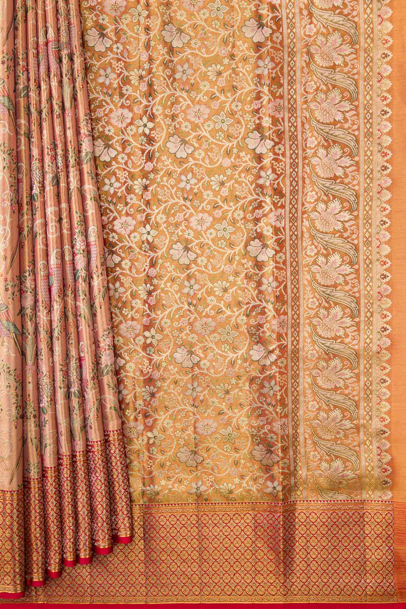 Golden Peach Dual Tone Kanchipuram Tissue Silk Saree - Image 4