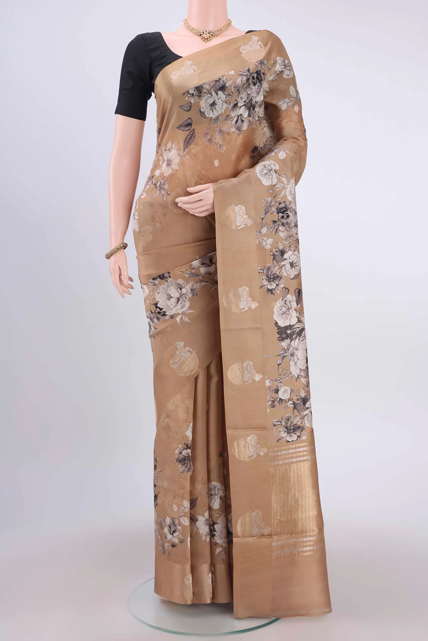 Golden Printed Silk Saree