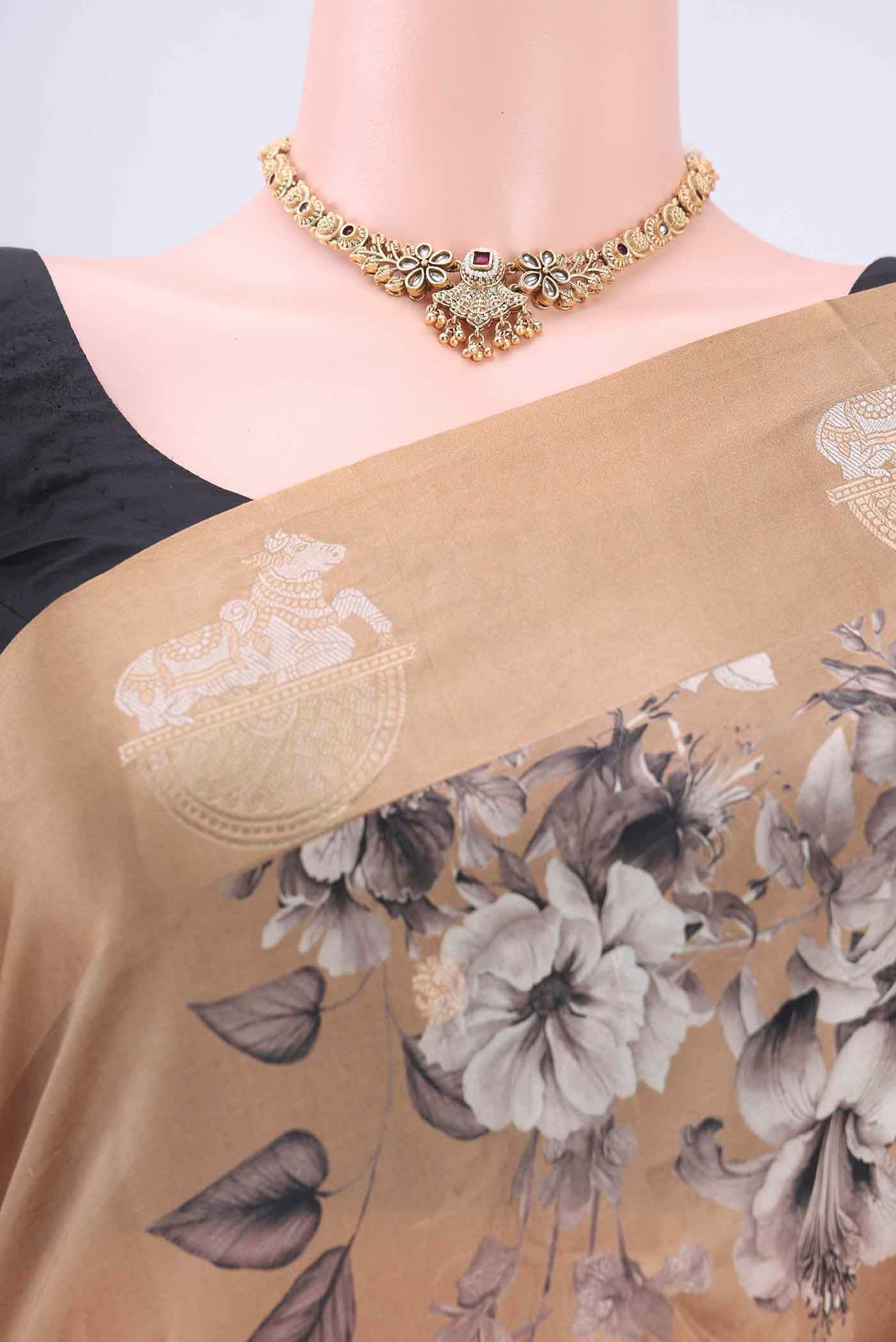 Golden Printed Silk Saree - Image 2