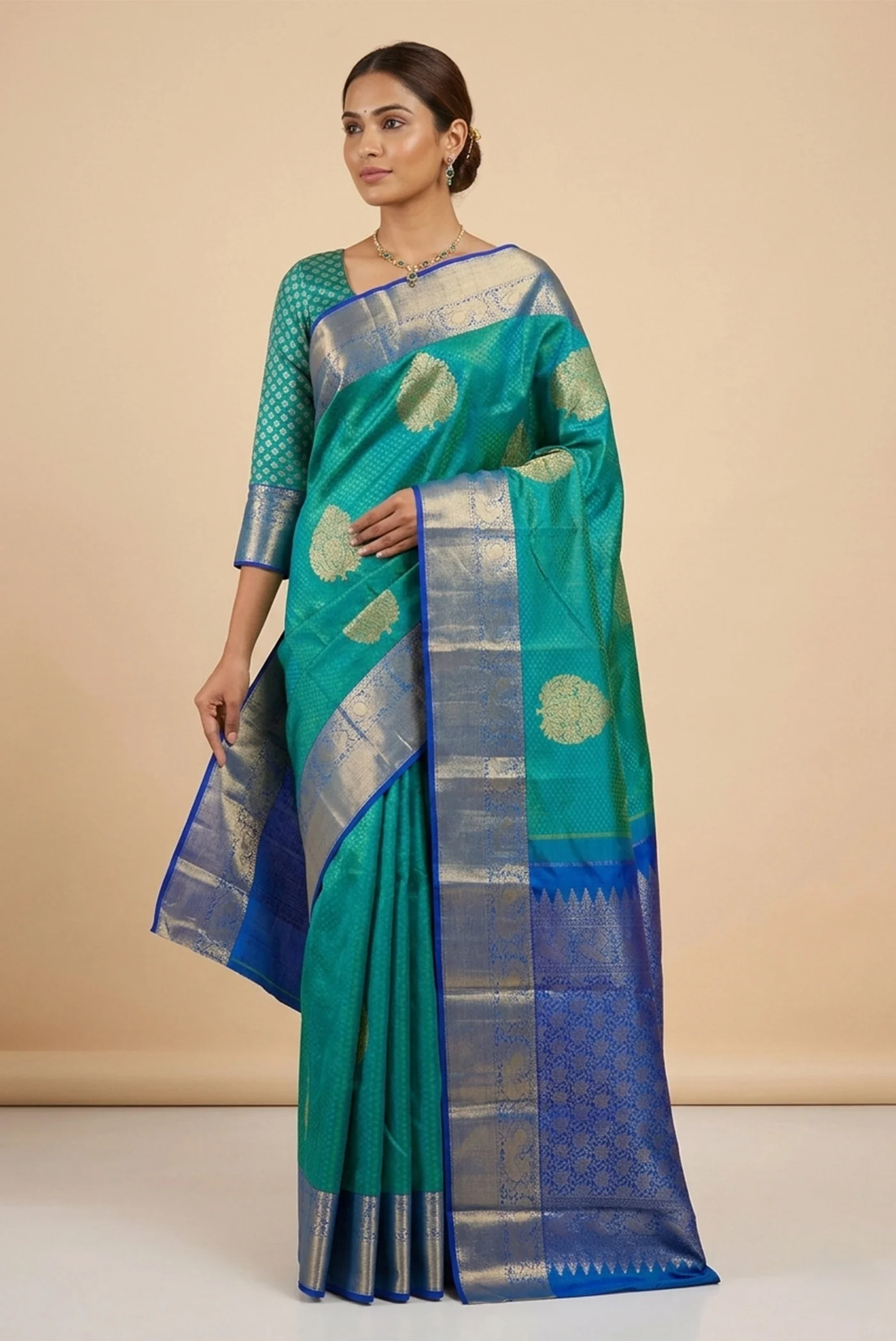 Blue with Green Color Kanchipuram Silk Saree