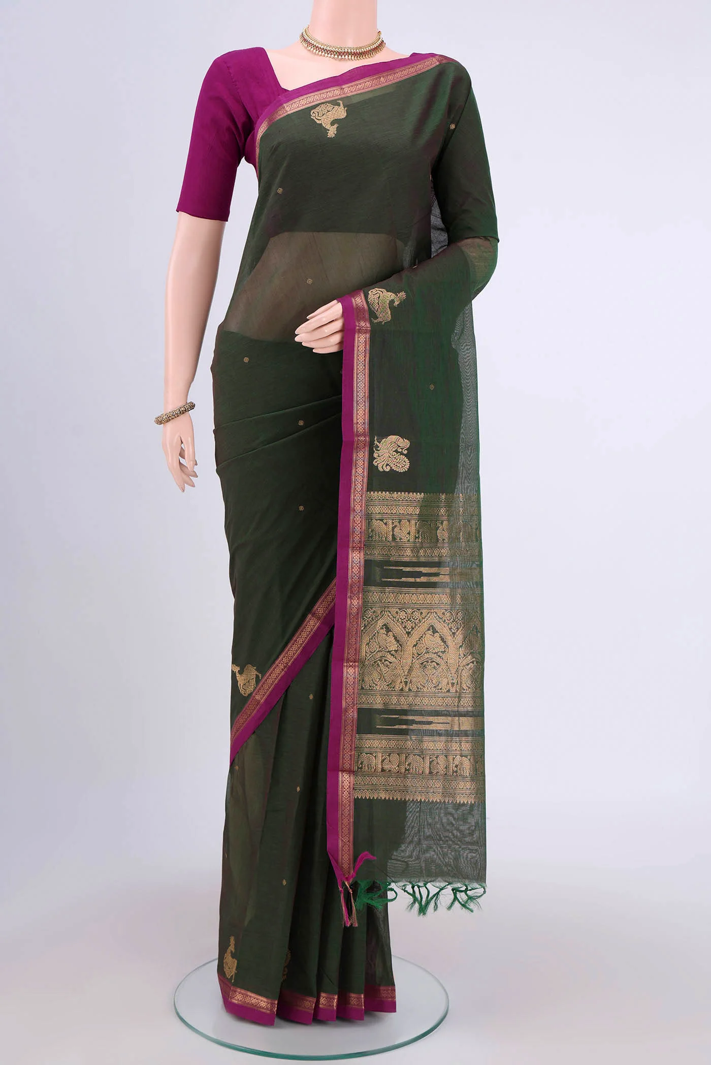 Green with Brown Color Kanchi Cotton Saree
