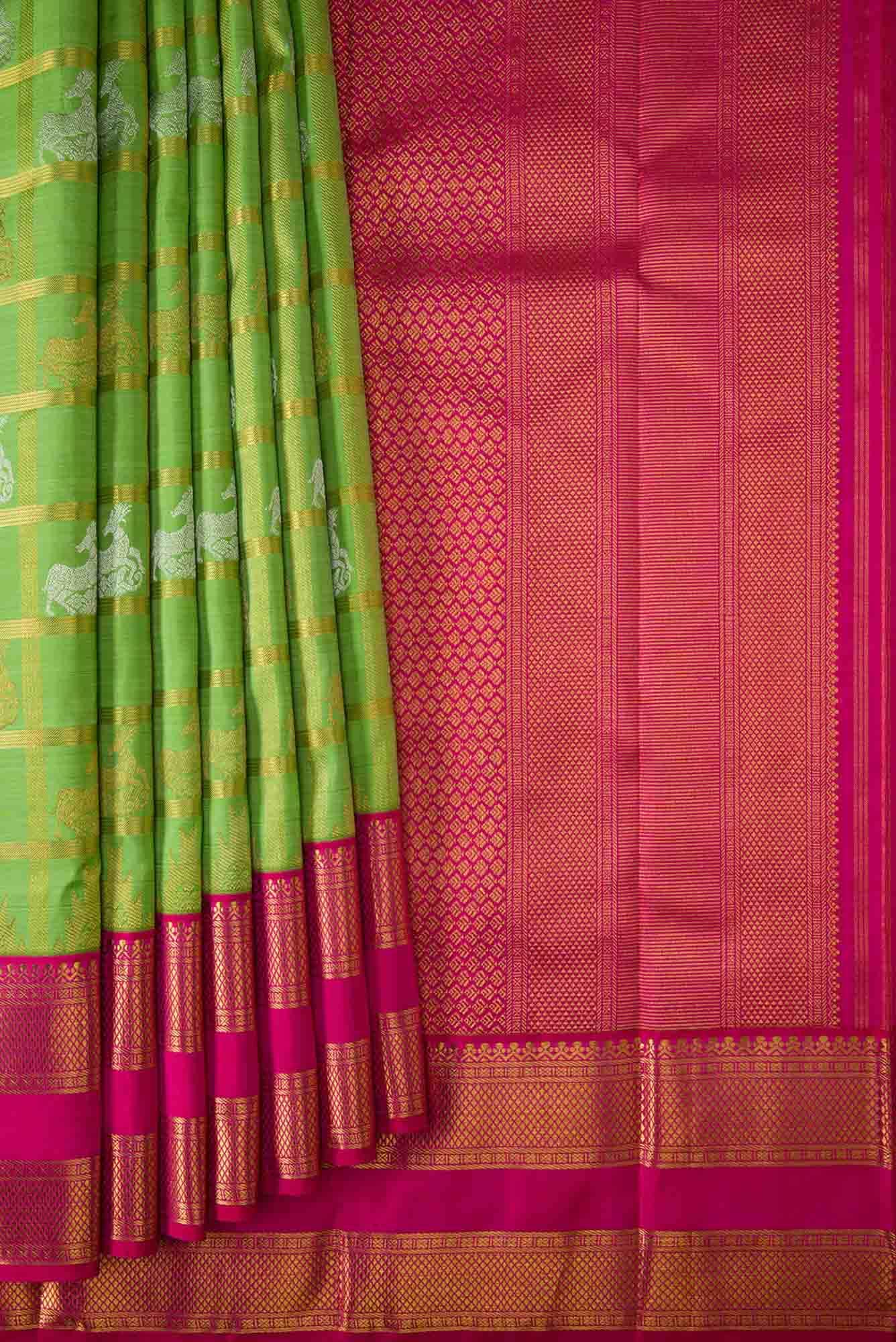 Pure Silk Pure Zari Green Dual Tone Kanjivaram Saree - Image 2