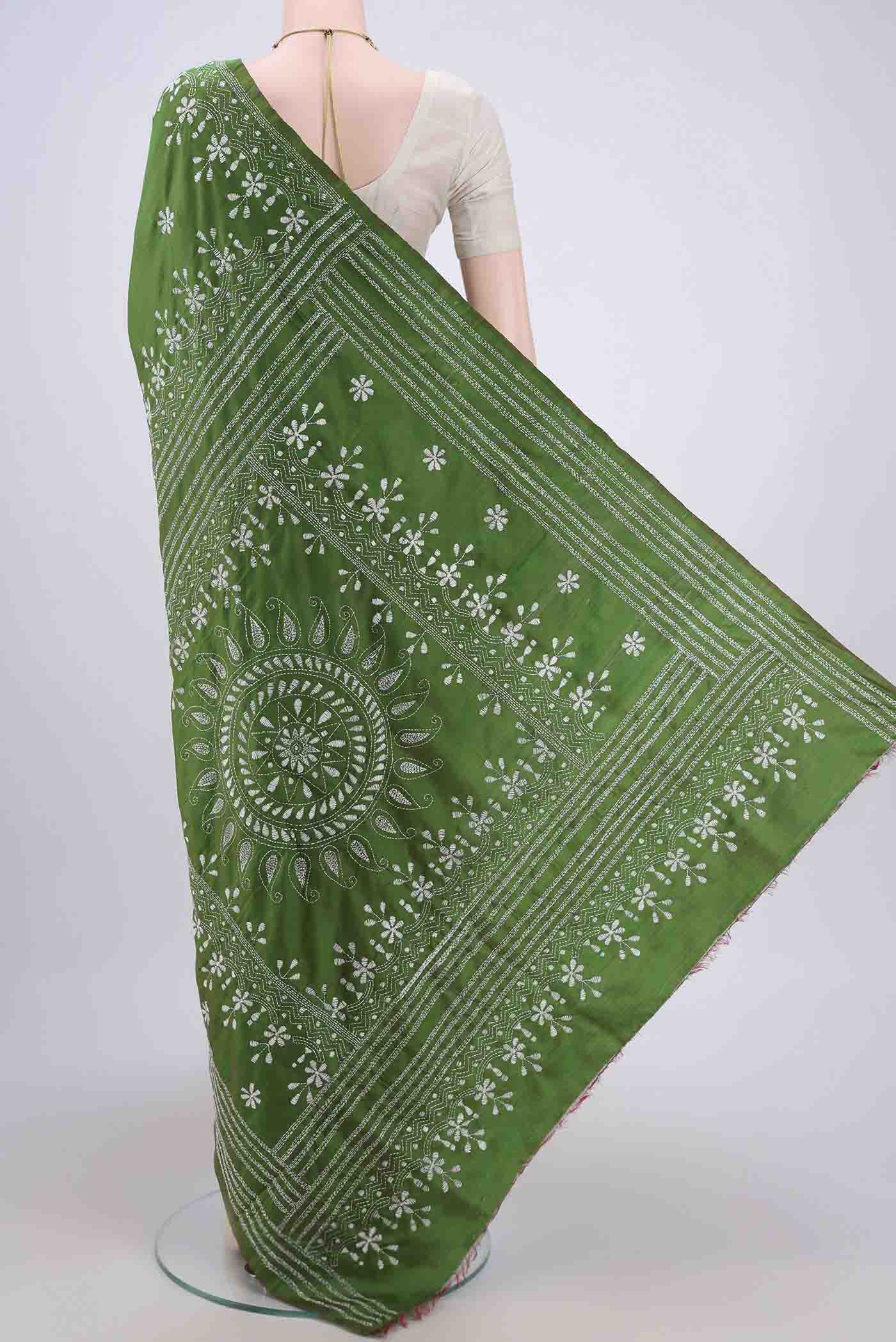 Green Kantha Silk Saree - Image 3