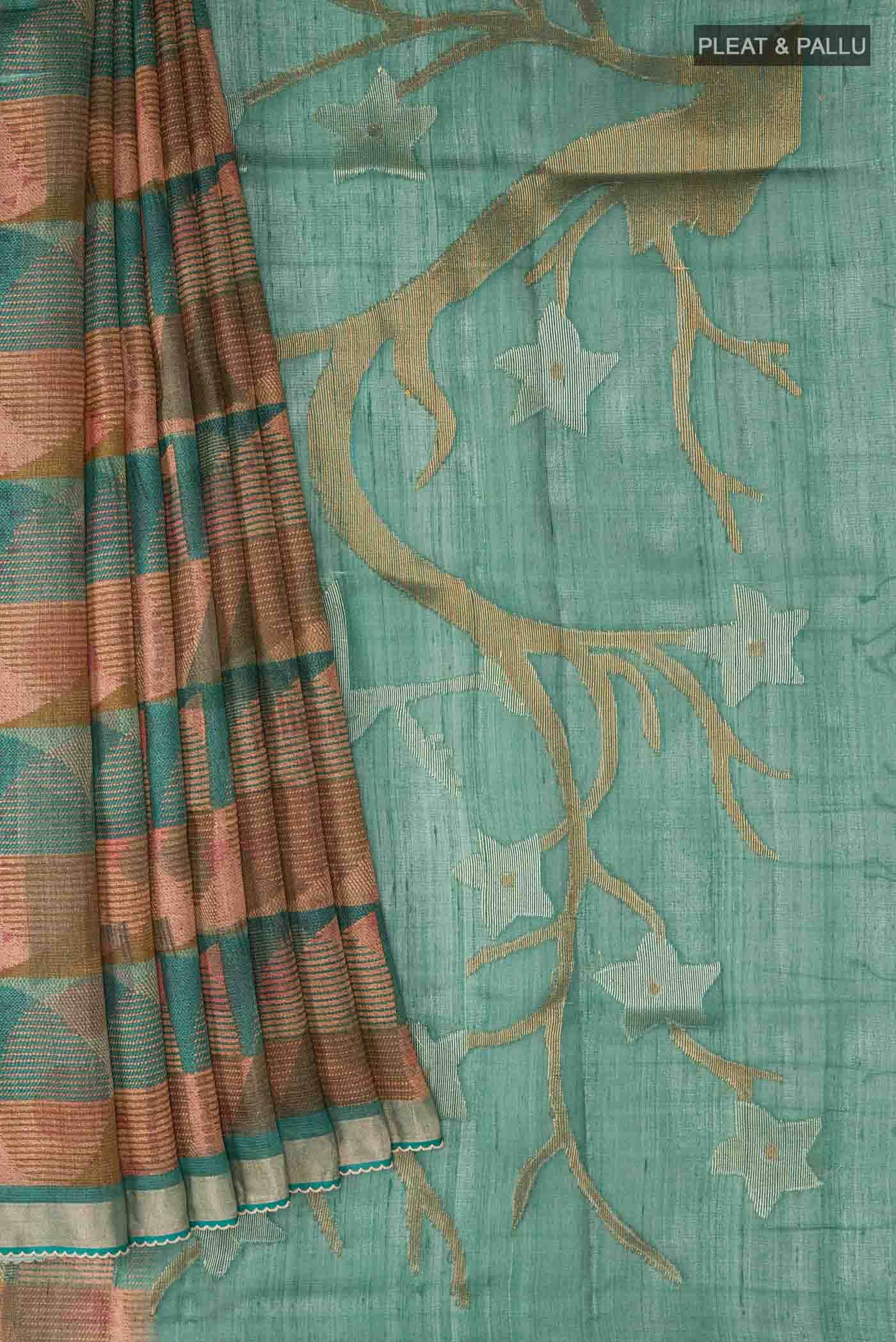 Green Tussar Silk Saree - Image 2