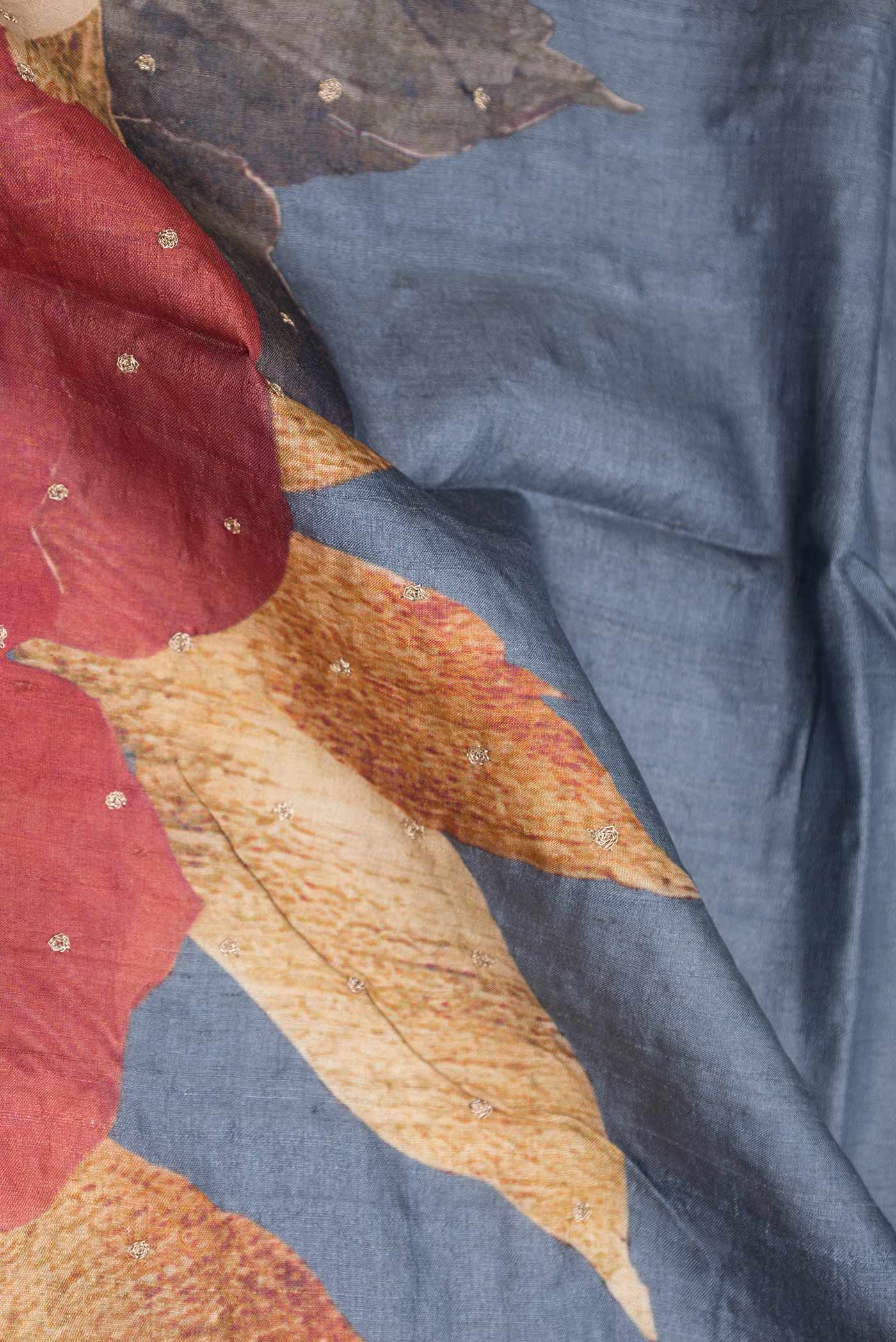 Blue Grey Tussar Silk Saree - Image 2