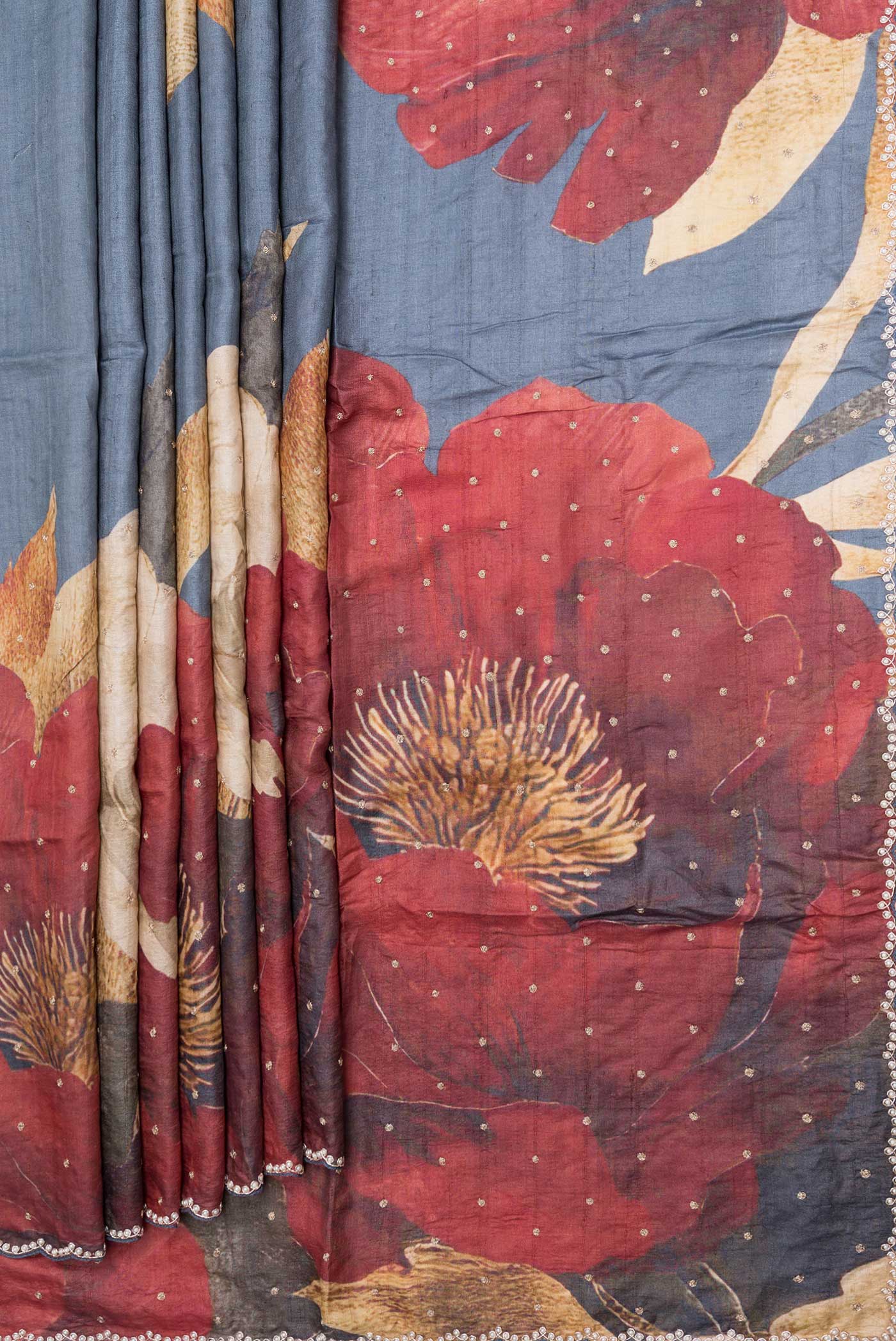 Blue Grey Tussar Silk Saree - Image 4