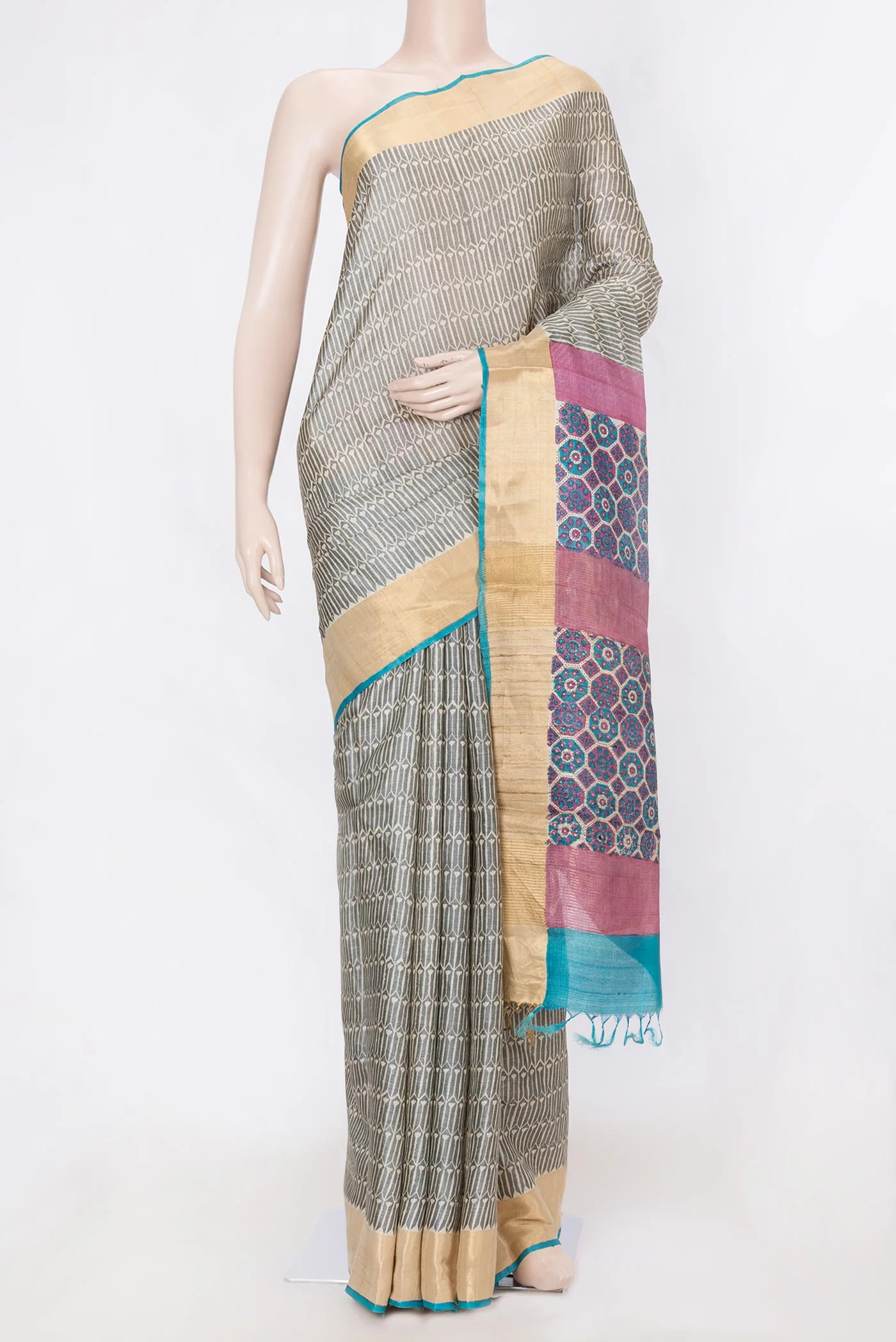 Grey Dual Tone Tussar Silk Saree