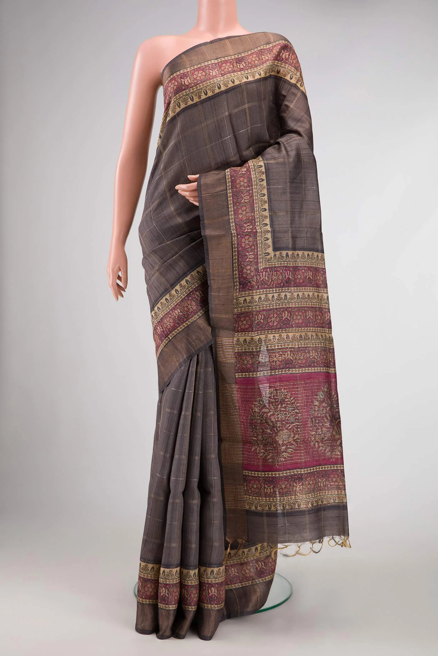 Grey Tussar Silk Saree