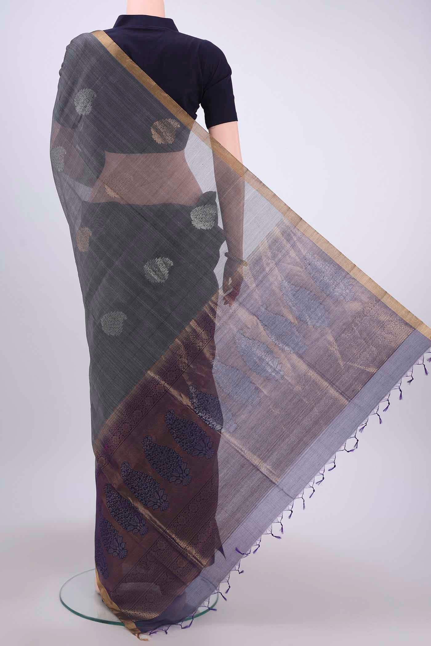Grey Kora Cotton Saree - Image 3