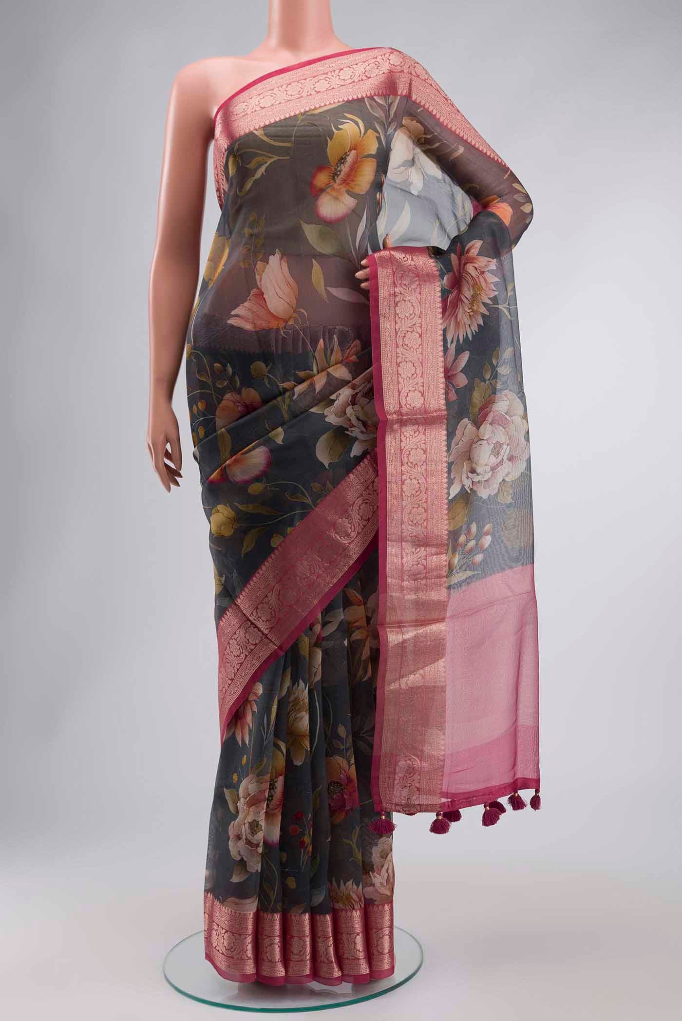Grey Organza Silk Saree
